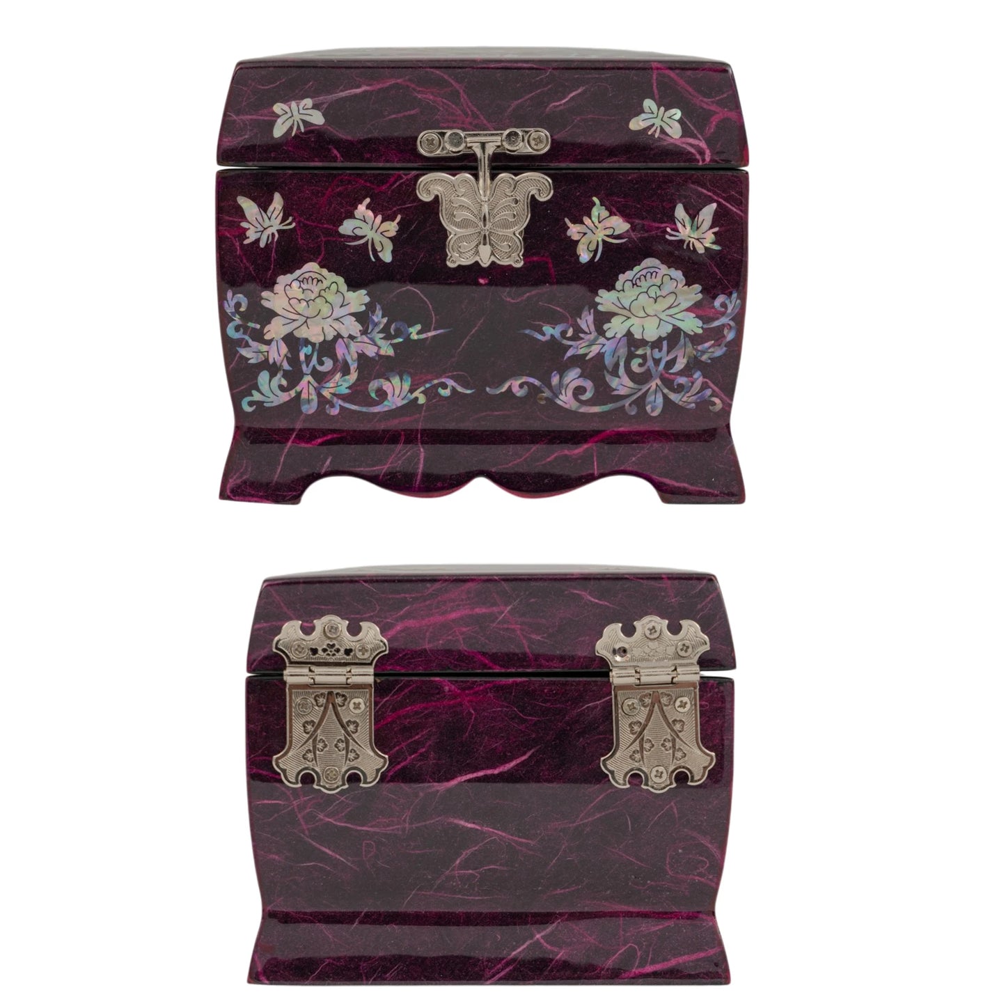 Front and back views of a purple jewelry box showing intricate mother-of-pearl floral art and two sturdy silver metal hinges on the rear.