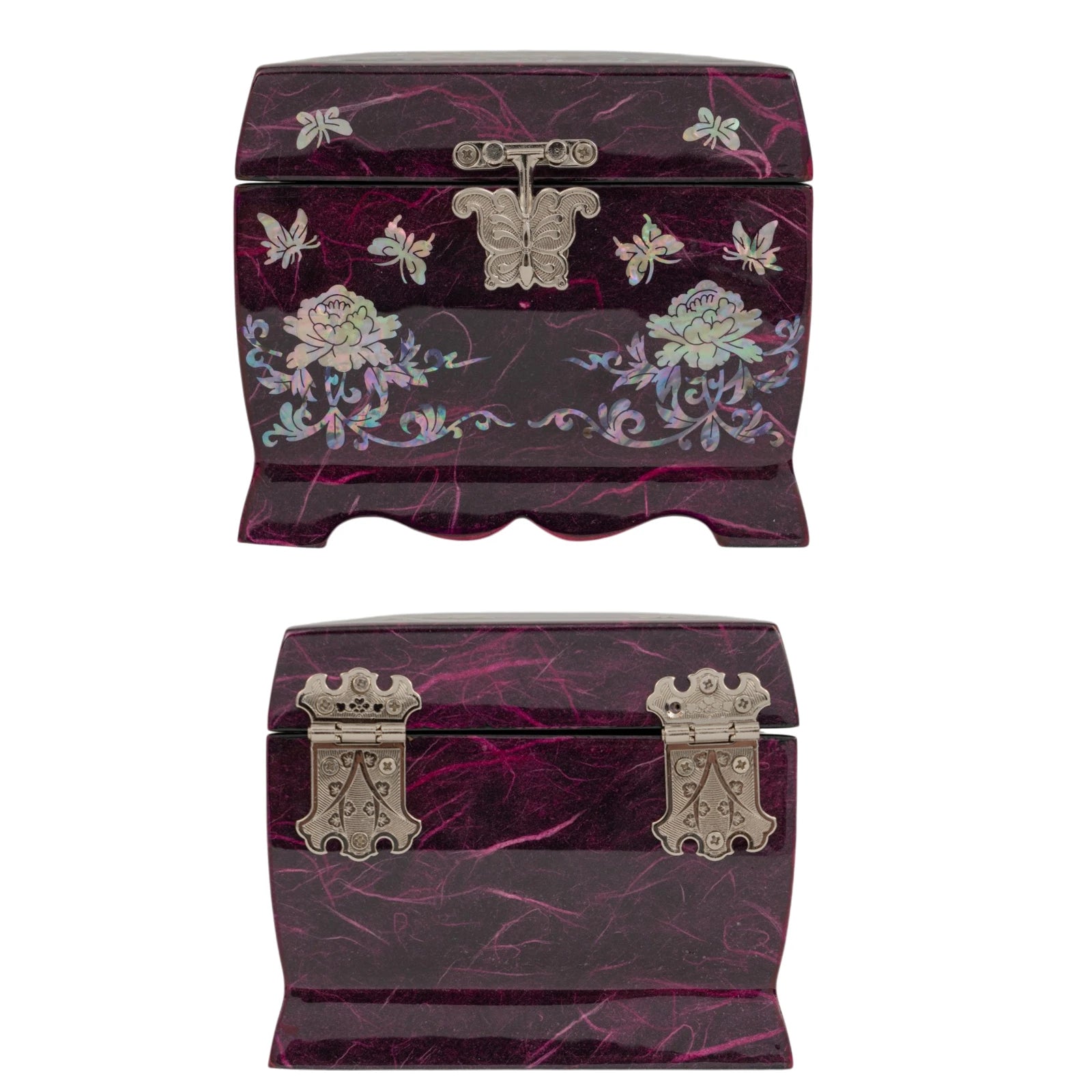 Front and back views of a purple jewelry box showing intricate mother-of-pearl floral art and two sturdy silver metal hinges on the rear.