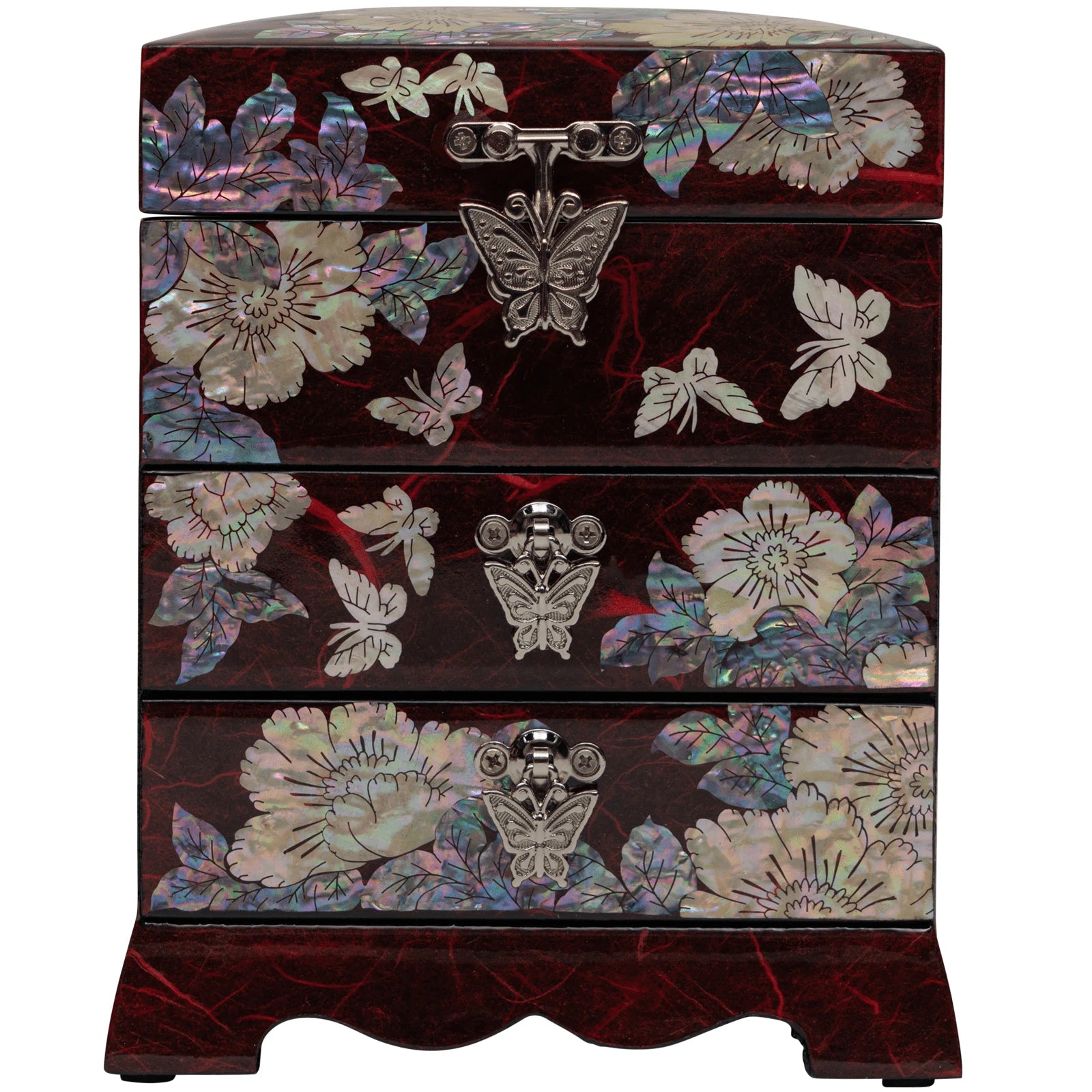 Frontal view of 3-drawer jewelry tower with ornate butterfly-shaped metal pulls. Decorative storage box for elegant dresser organization.