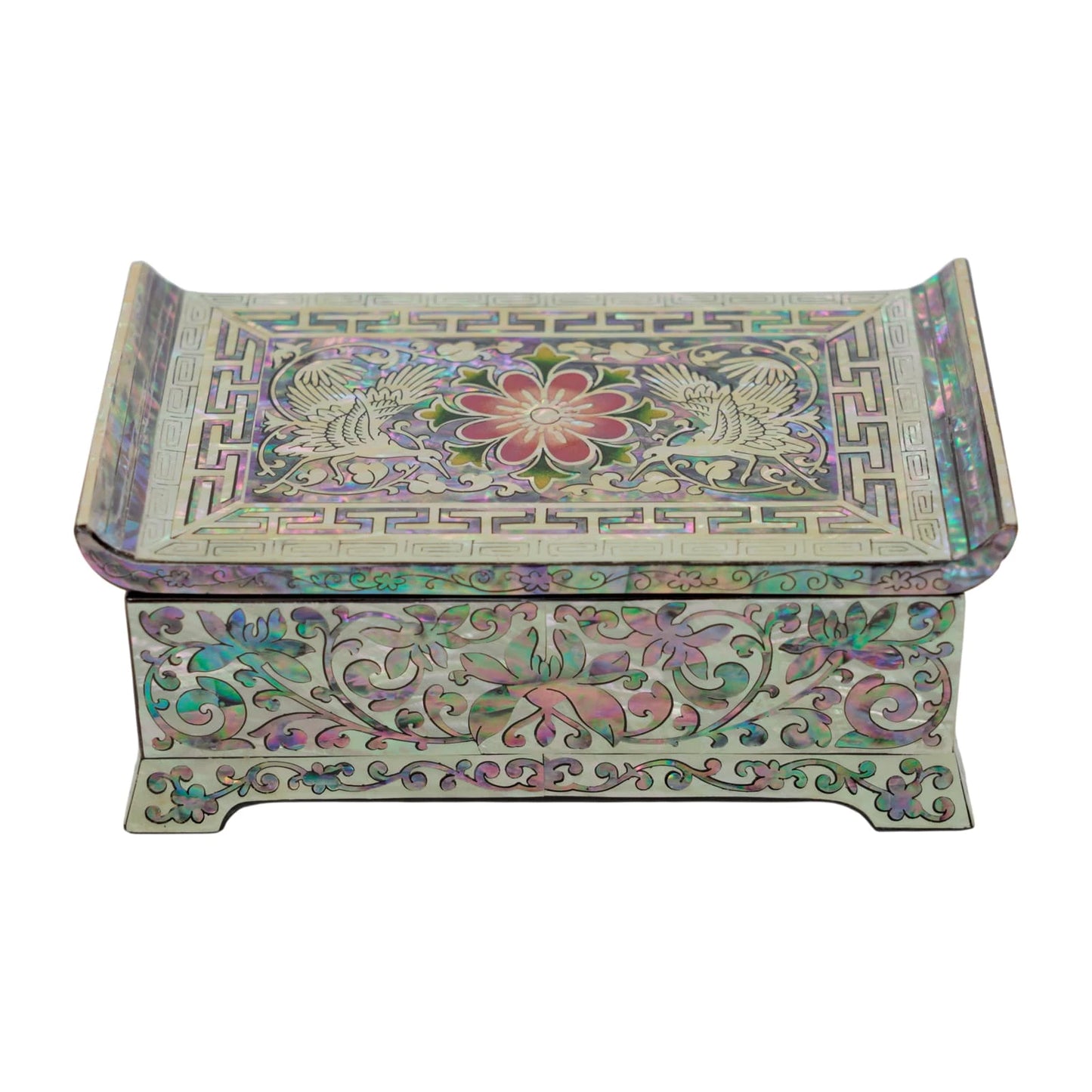 Frontal view of a Korean Najeonchilgi box. Features elaborate mother of pearl flower and vine motifs on a footed lacquer base