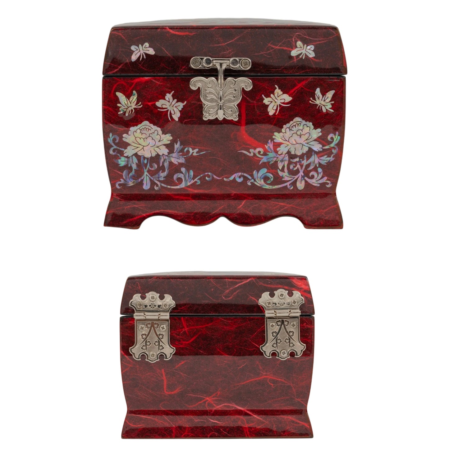 Front and back comparison of a red mother-of-pearl box, featuring a butterfly latch on the front and detailed vintage-style silver hinges.