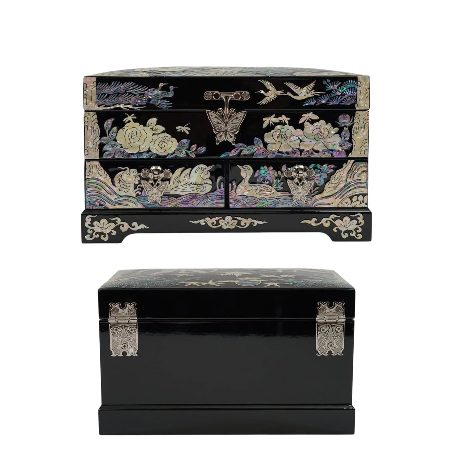 Front and back perspectives of a two-drawer black jewelry chest. Features peacock and duck nacre inlays, a butterfly clasp, and floral motifs