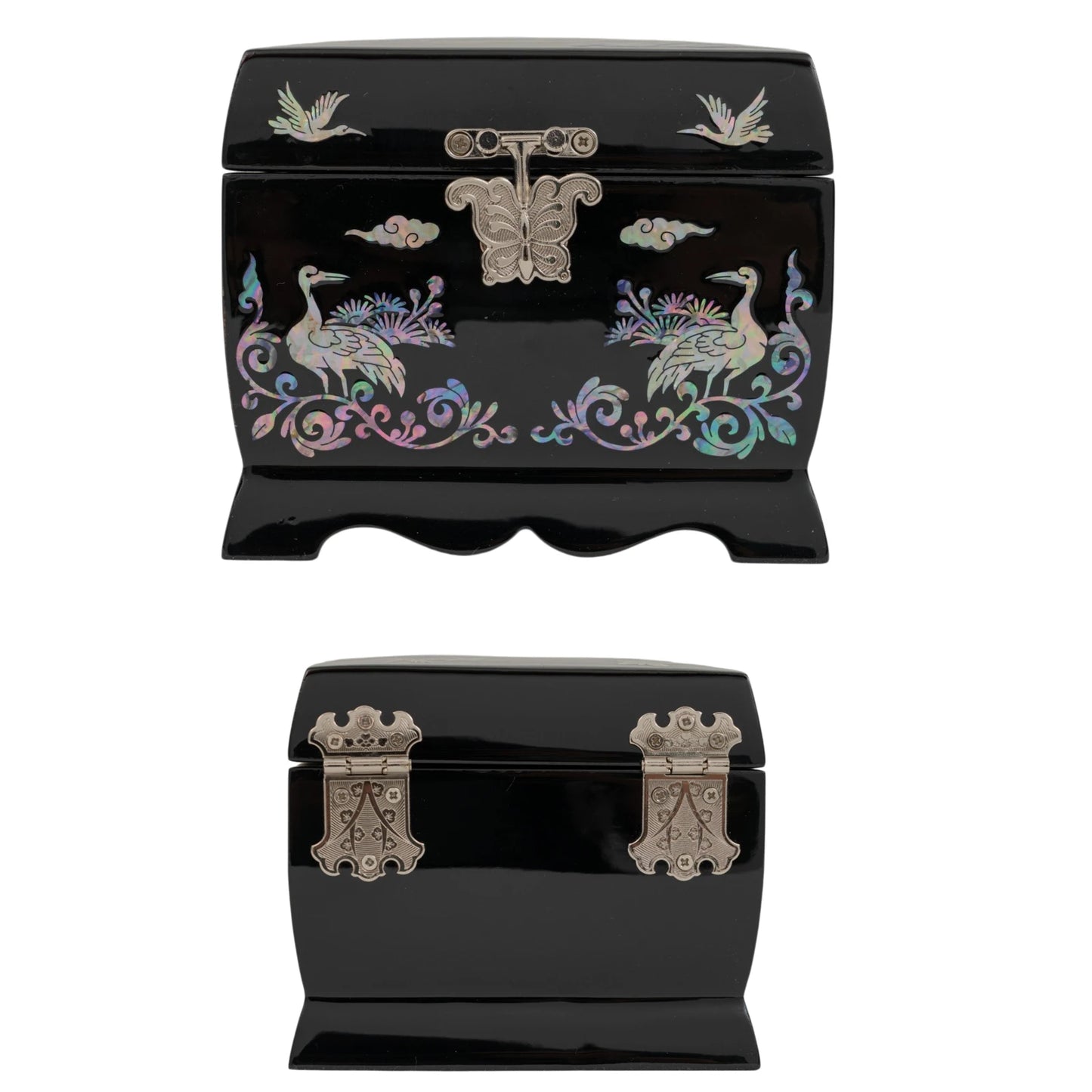 Front and back view of a black jewelry box with shimmering mother-of-pearl cranes and a silver butterfly-shaped metal clasp.