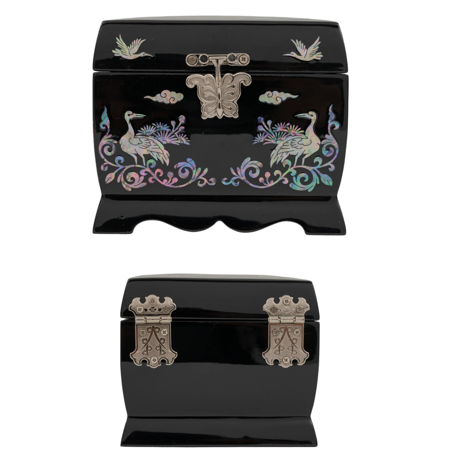 Front and back view of a black jewelry box with shimmering mother-of-pearl cranes and a silver butterfly-shaped metal clasp.