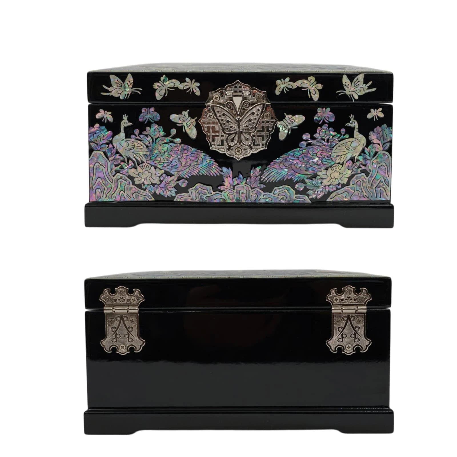 Front and back view of a black mother-of-pearl jewelry box. Showcases detailed peacock designs on the front and sturdy silver hinges on the back