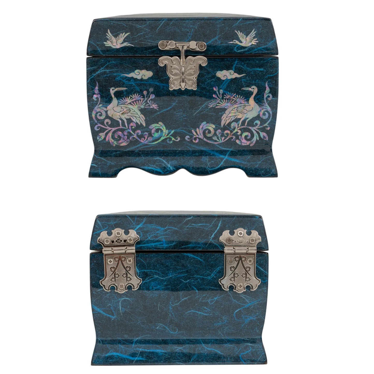 Front and back view of a blue textured jewelry box featuring iridescent mother-of-pearl cranes, pine trees, and a butterfly lock.