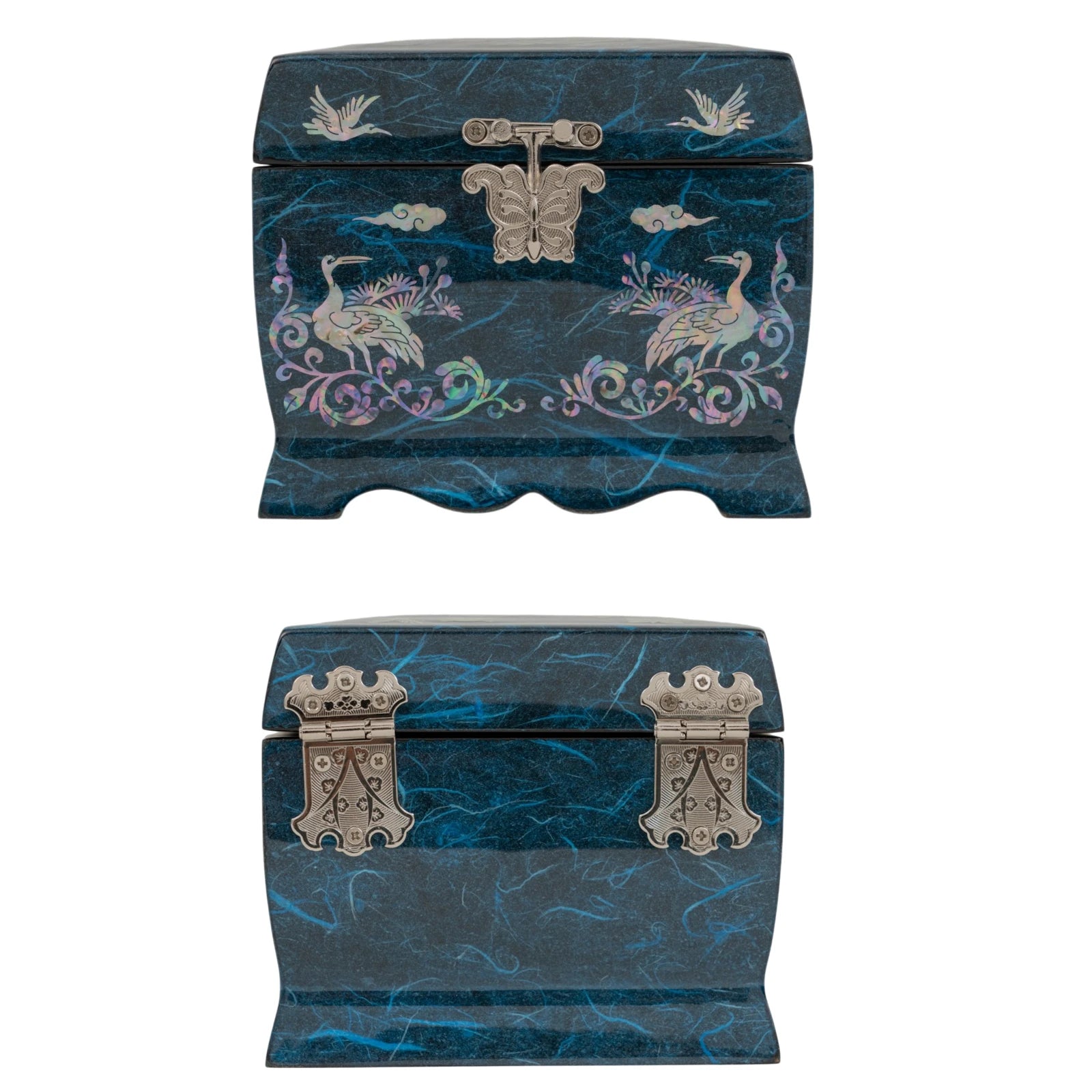Front and back view of a blue textured jewelry box featuring iridescent mother-of-pearl cranes, pine trees, and a butterfly lock.