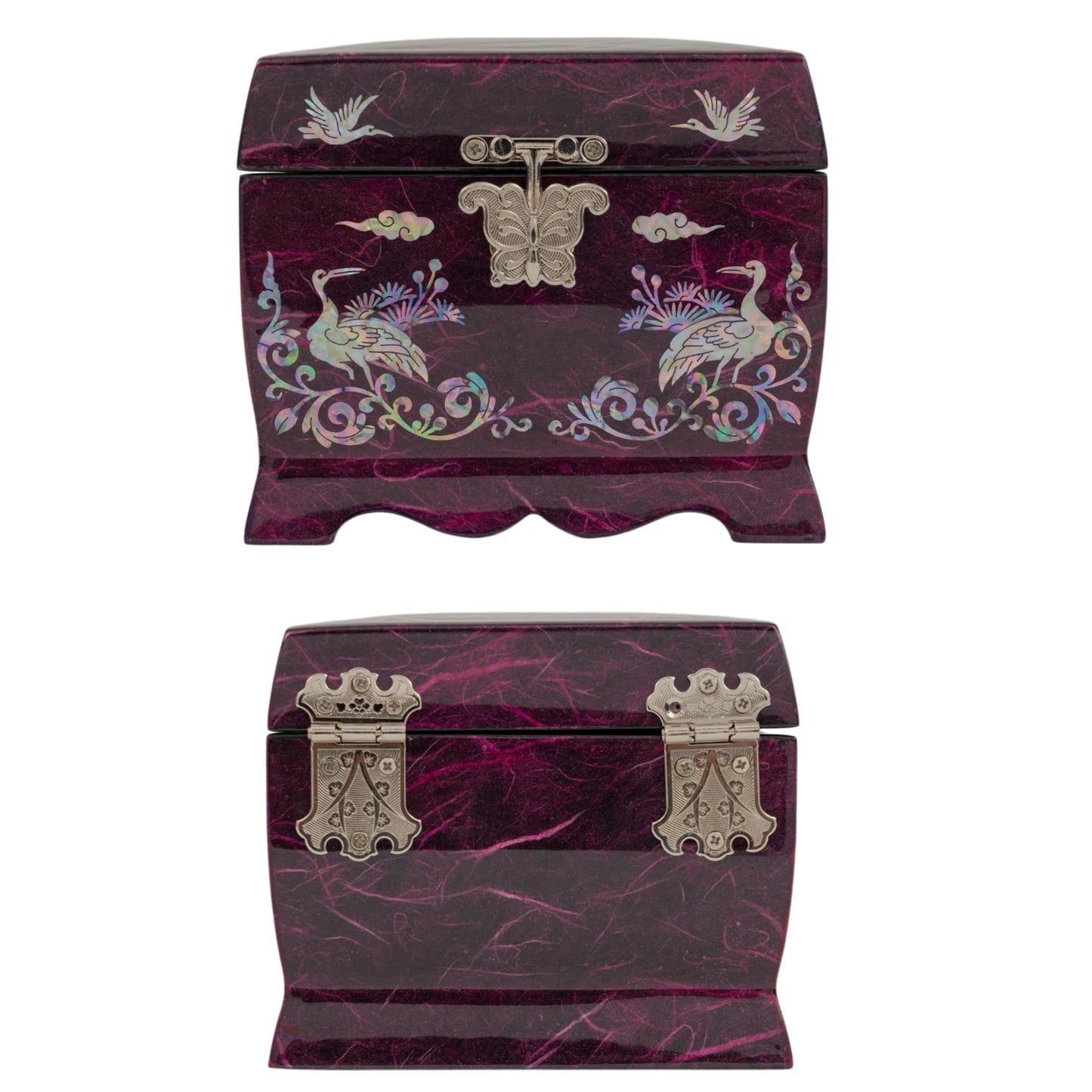 Front and back view of a purple textured box adorned with vibrant mother-of-pearl cranes and traditional butterfly-shaped silver hinges.