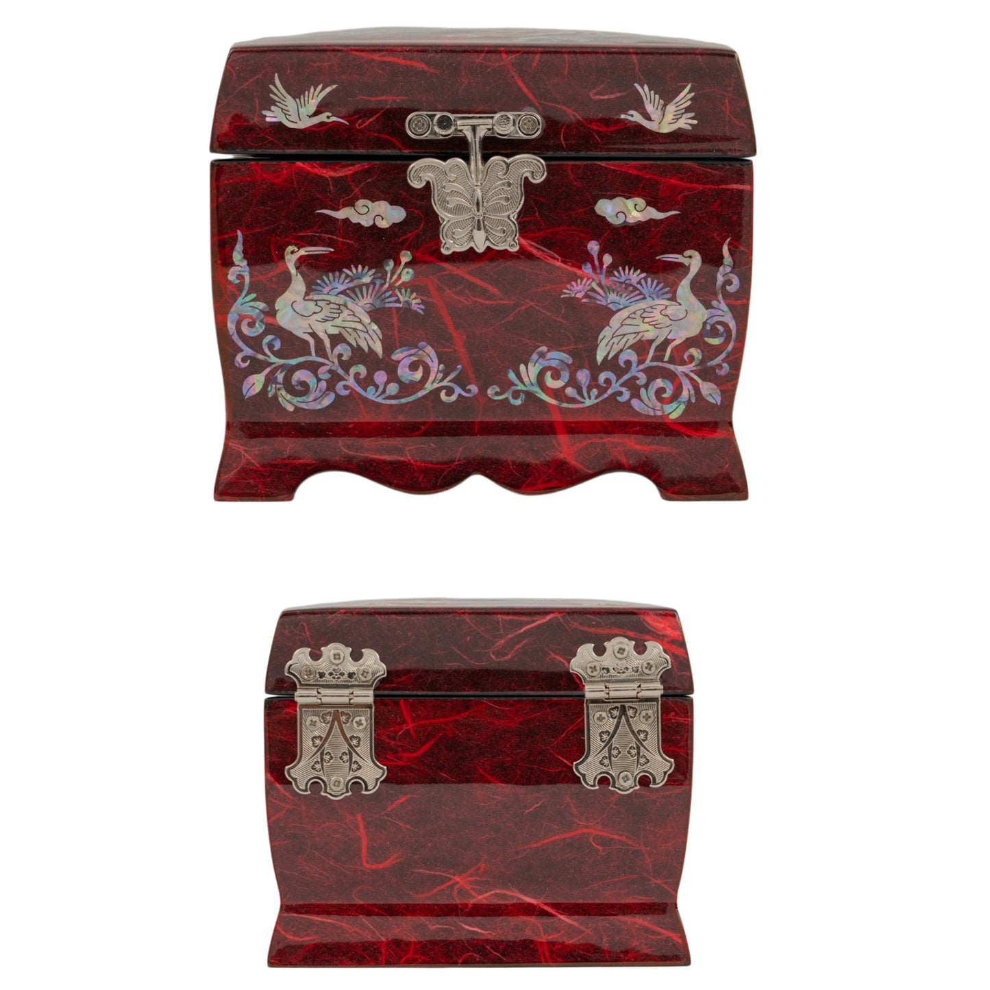 Front and back view of a red textured jewelry box showcasing detailed mother-of-pearl crane art and a silver butterfly clasp.