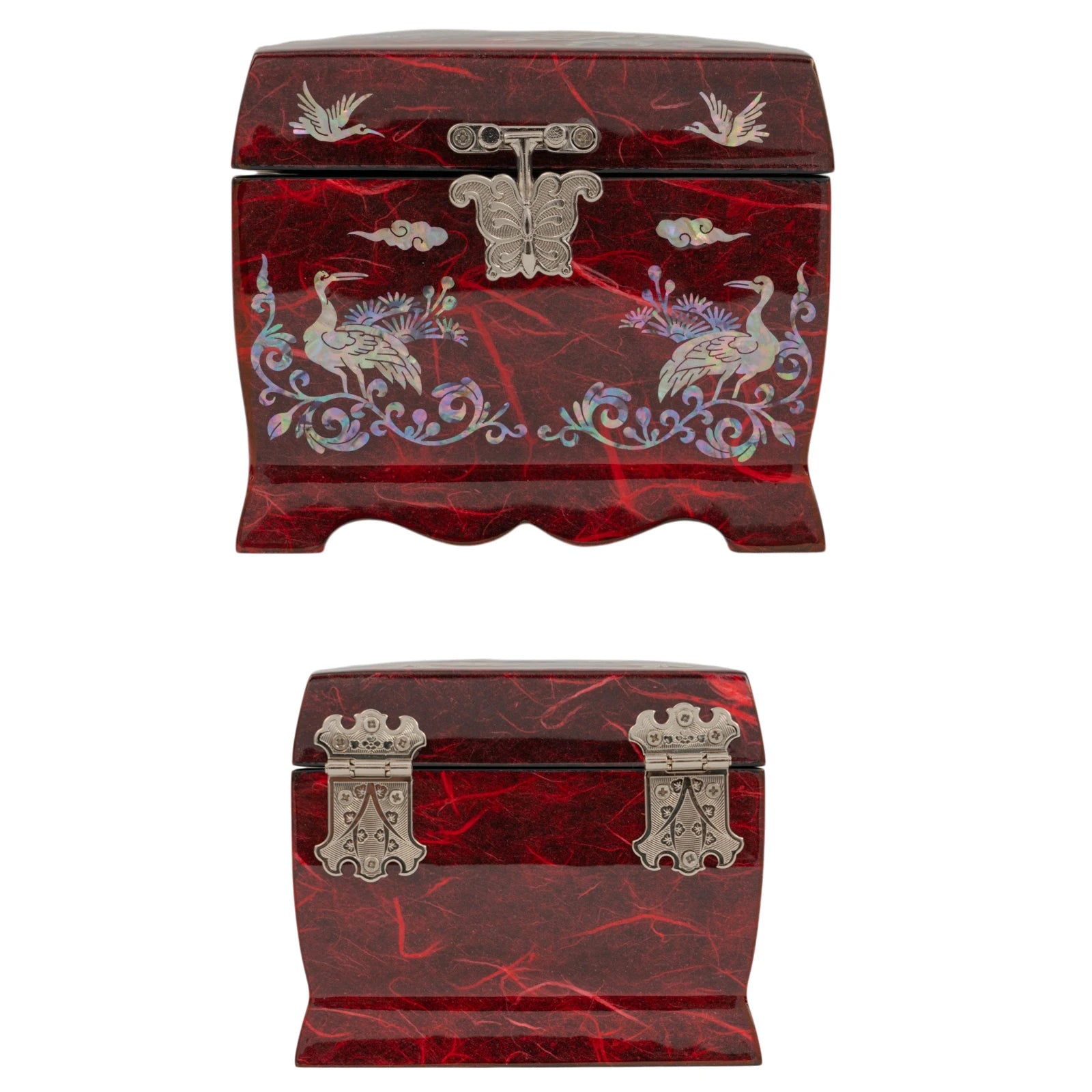 Front and back view of a red textured jewelry box showcasing detailed mother-of-pearl crane art and a silver butterfly clasp.