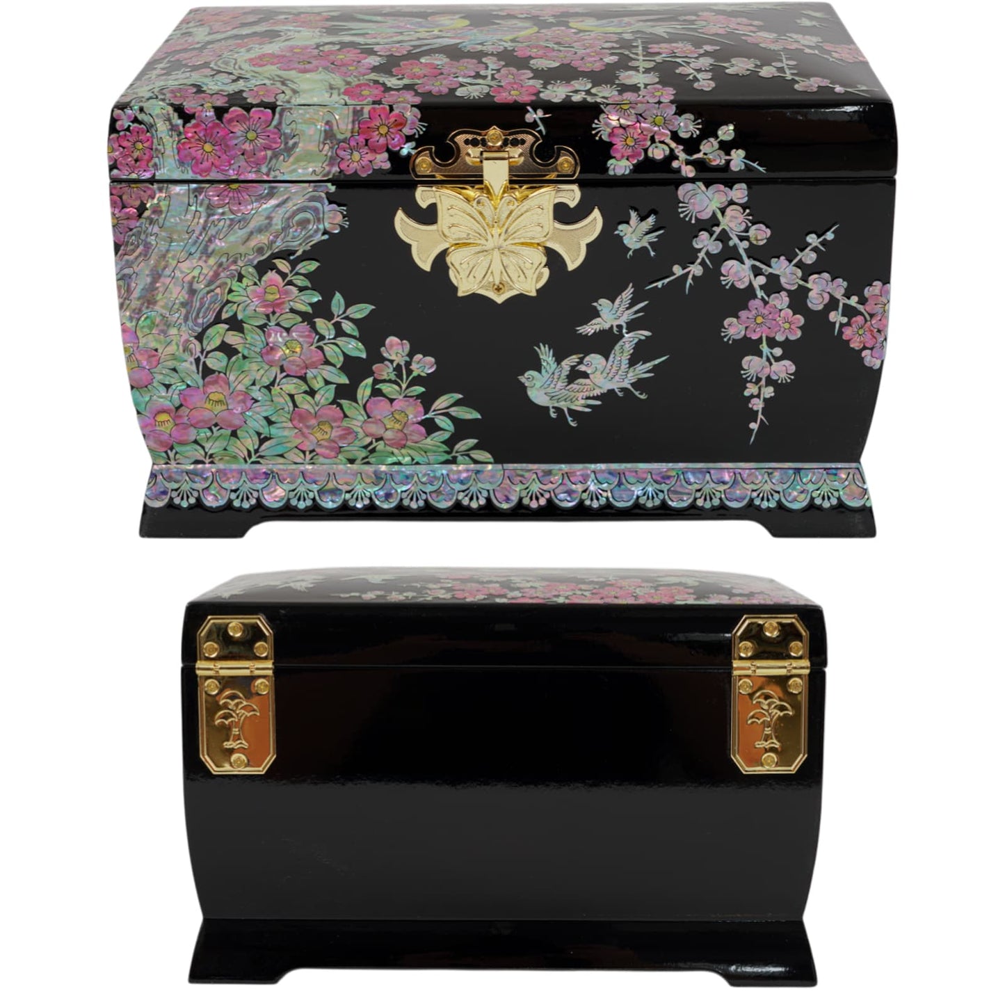 Front and back view of floral mother-of-pearl inlay jewelry box with gold clasp