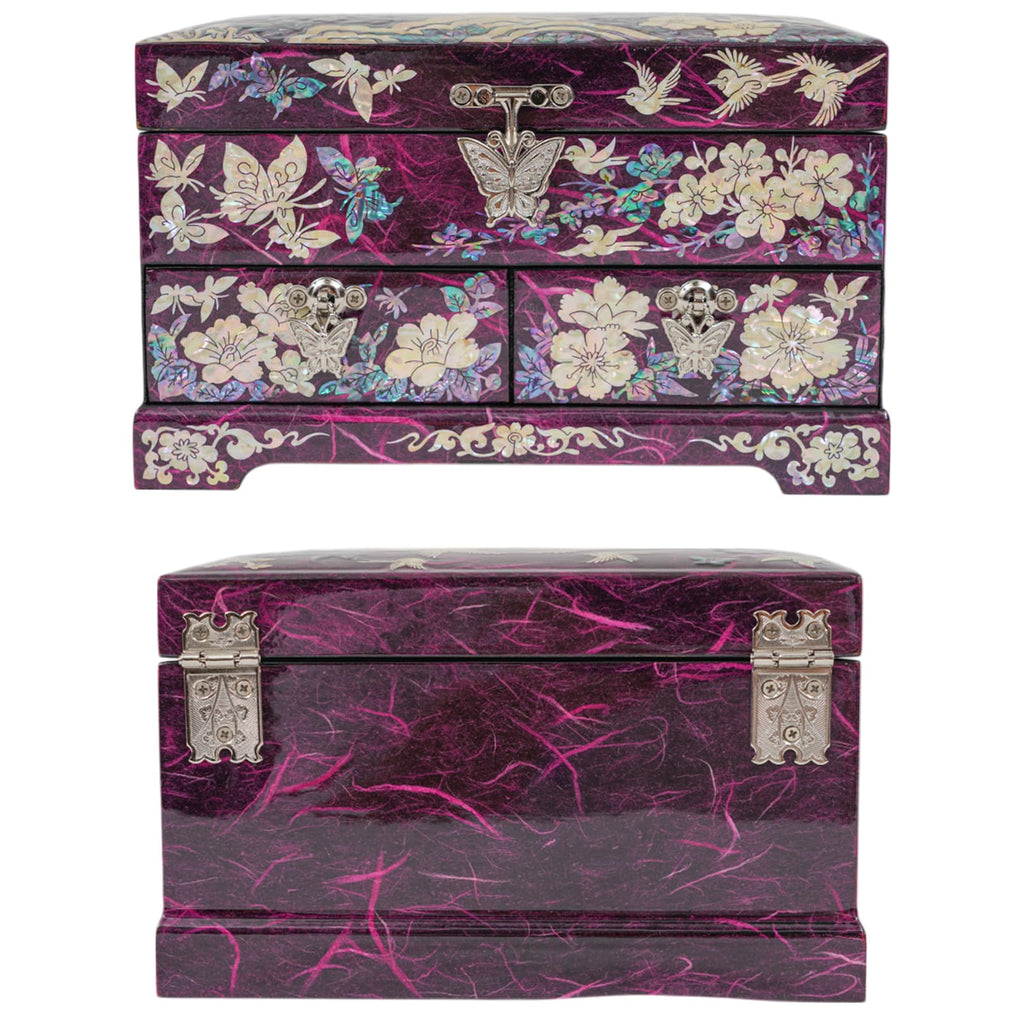 Front and back view of purple jewelry box with floral and butterfly inlay