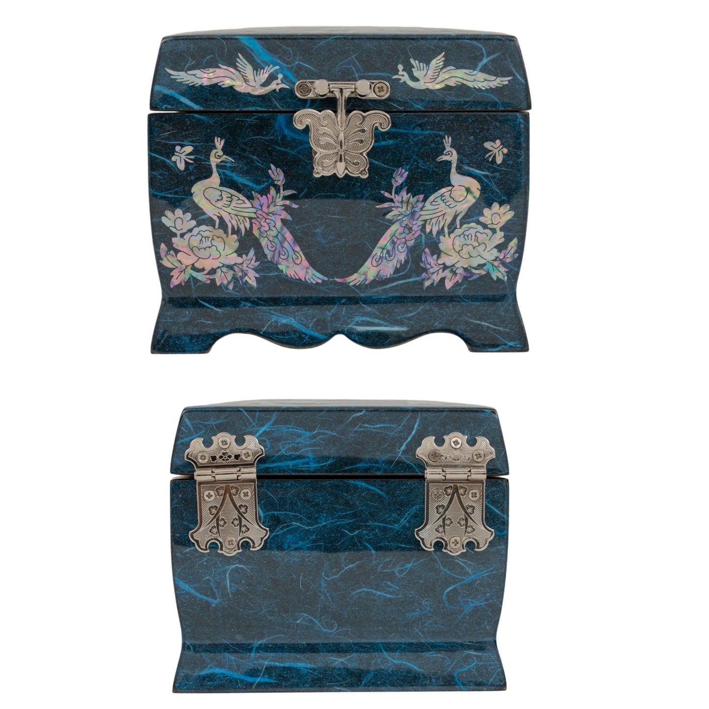 Front and back views of a blue jewelry box with iridescent mother-of-pearl peacocks and flowers, featuring a silver butterfly clasp.