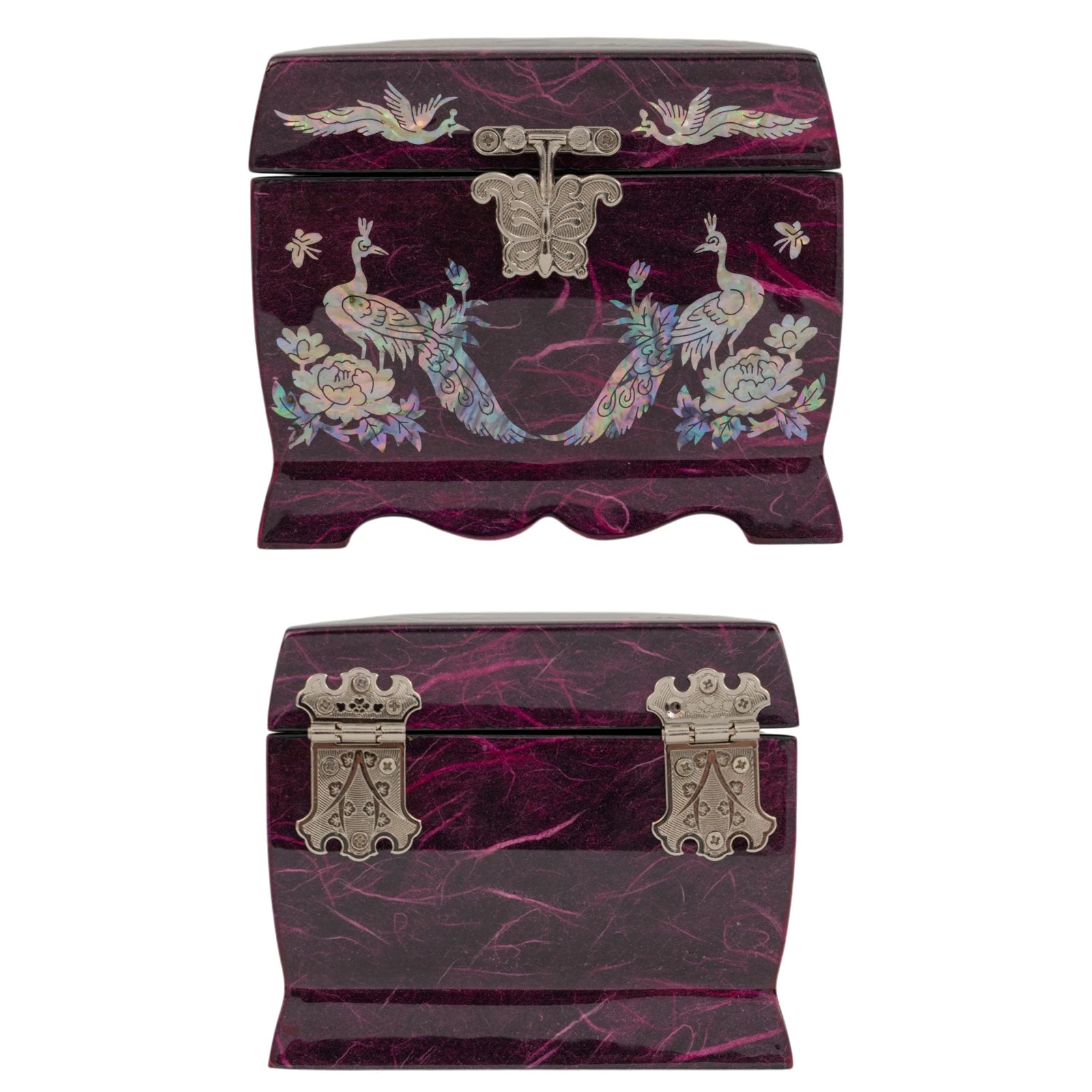 Front and back views of a purple jewelry box with shimmering mother-of-pearl peacock inlays and ornate silver butterfly hinges.