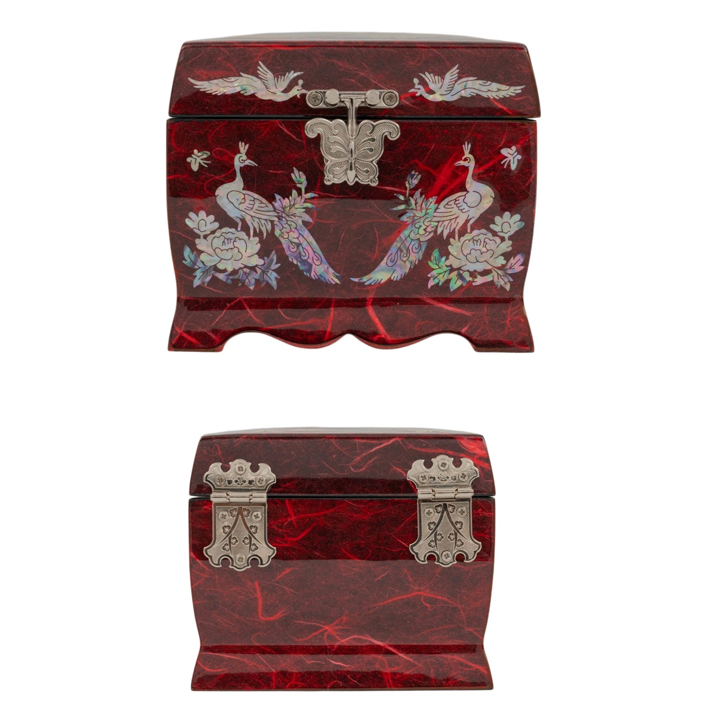 Front and back views of a red jewelry box with twin mother-of-pearl peacocks and peonies, secured by a silver butterfly latch.