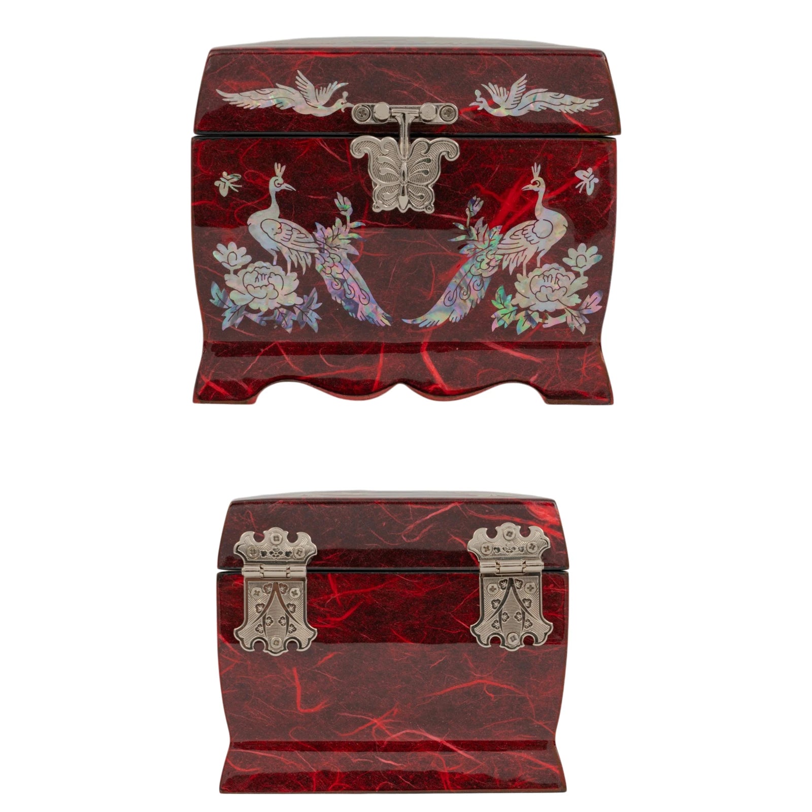 Front and back views of a red jewelry box with twin mother-of-pearl peacocks and peonies, secured by a silver butterfly latch.