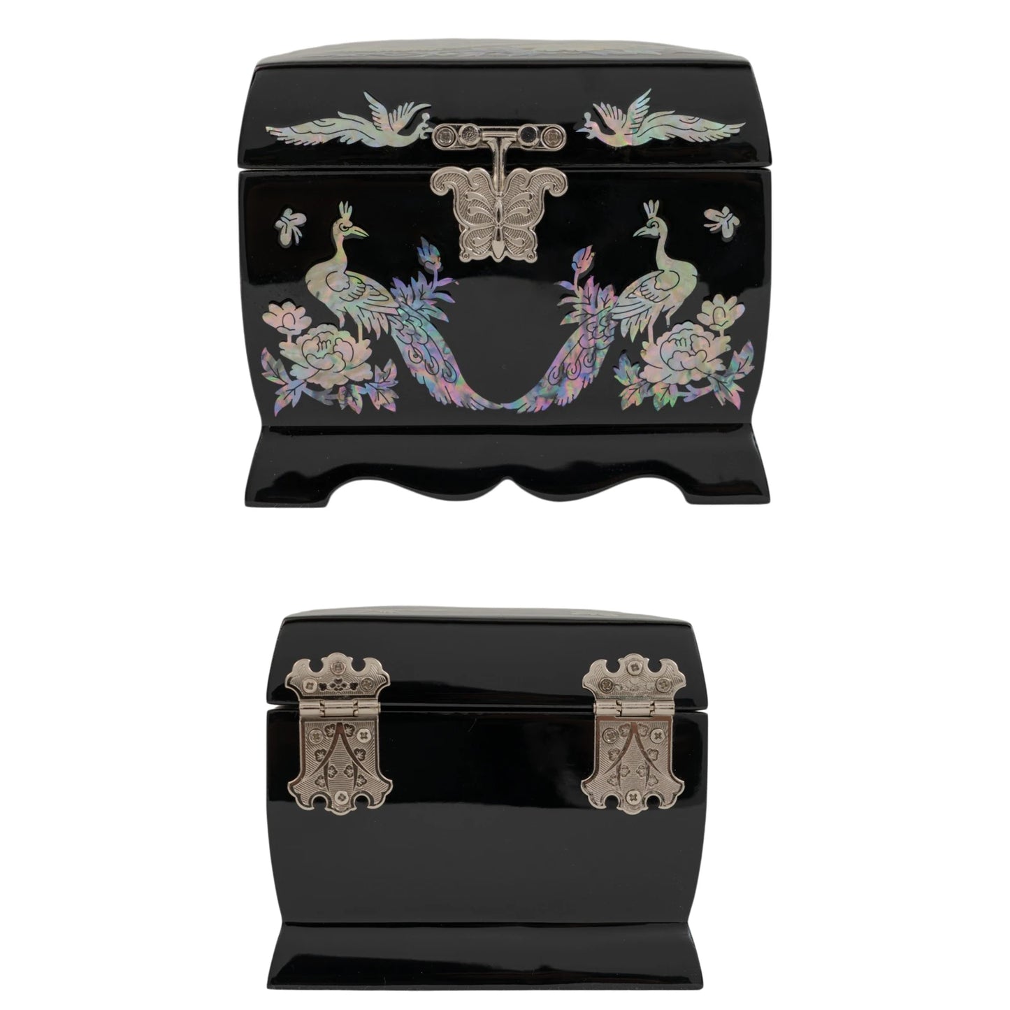 Front and back views of a smooth black jewelry box with radiant mother-of-pearl peacocks and floral patterns.