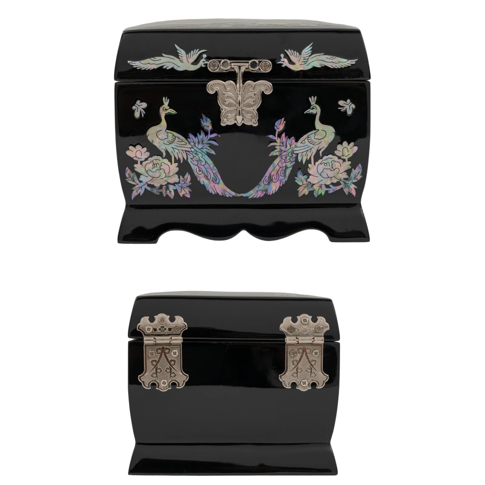 Front and back views of a smooth black jewelry box with radiant mother-of-pearl peacocks and floral patterns.