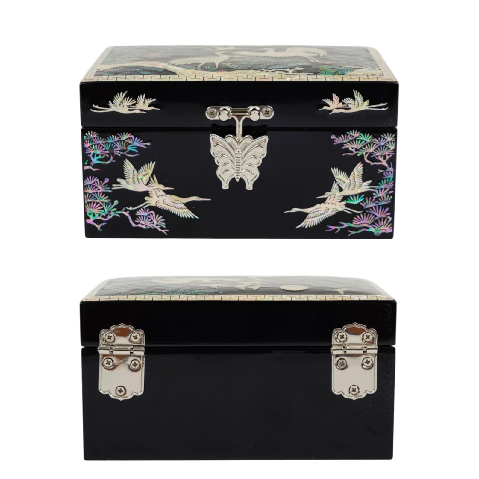 Front and back views of black jewelry box with flying cranes and silver butterfly clasp