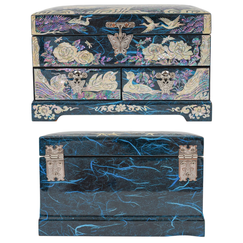 Front and back views of jewelry box with crane, peony, and duck designs on a blue base