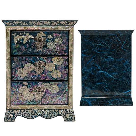 Front and side view of a blue najeon-chilgi box, showcasing detailed butterfly hardware and shimmering floral pearl patterns