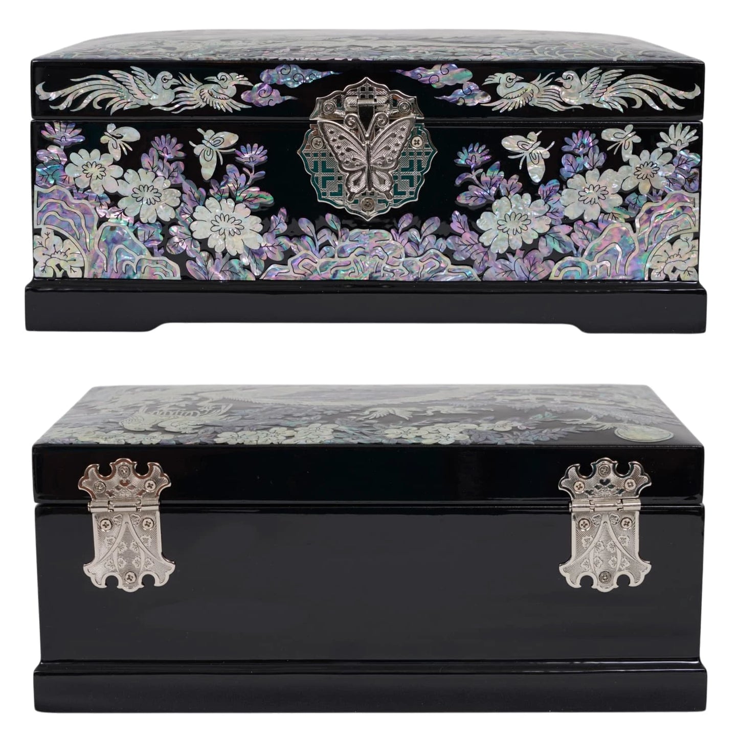 Front butterfly lock and back metal hinges of a premium black lacquer jewelry box, showcasing high quality hardware