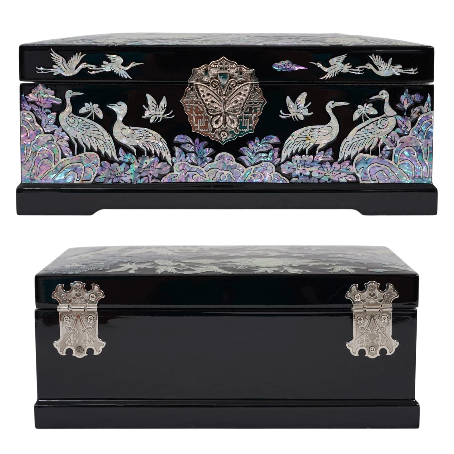 Front butterfly lock and back metal hinges of black lacquer crane jewelry box, showcasing premium durable hardware