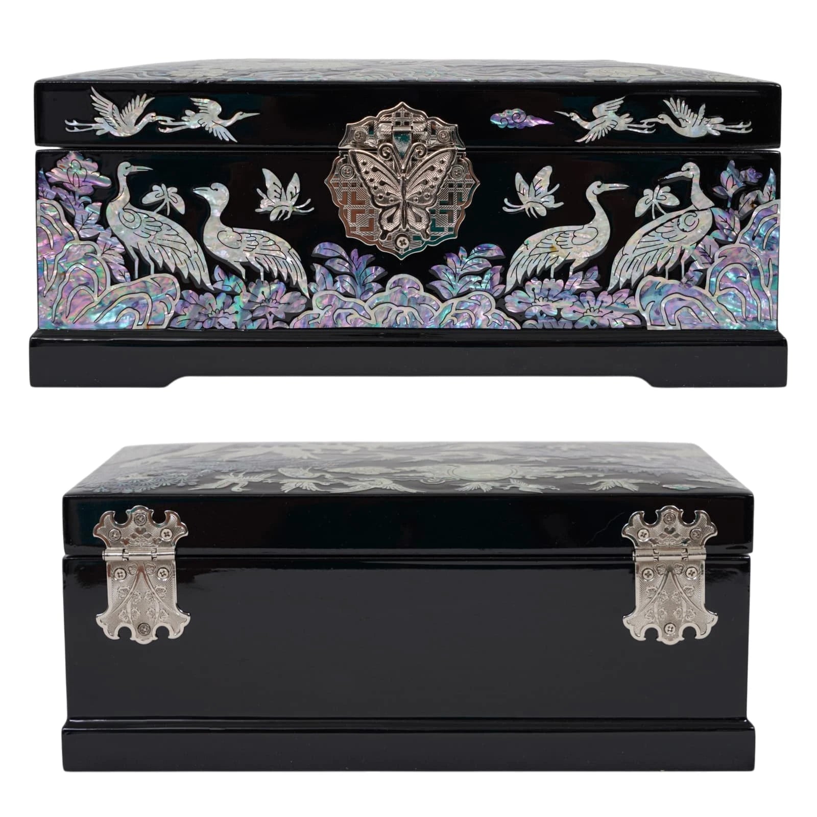 Front butterfly lock and back metal hinges of black lacquer crane jewelry box, showcasing premium durable hardware