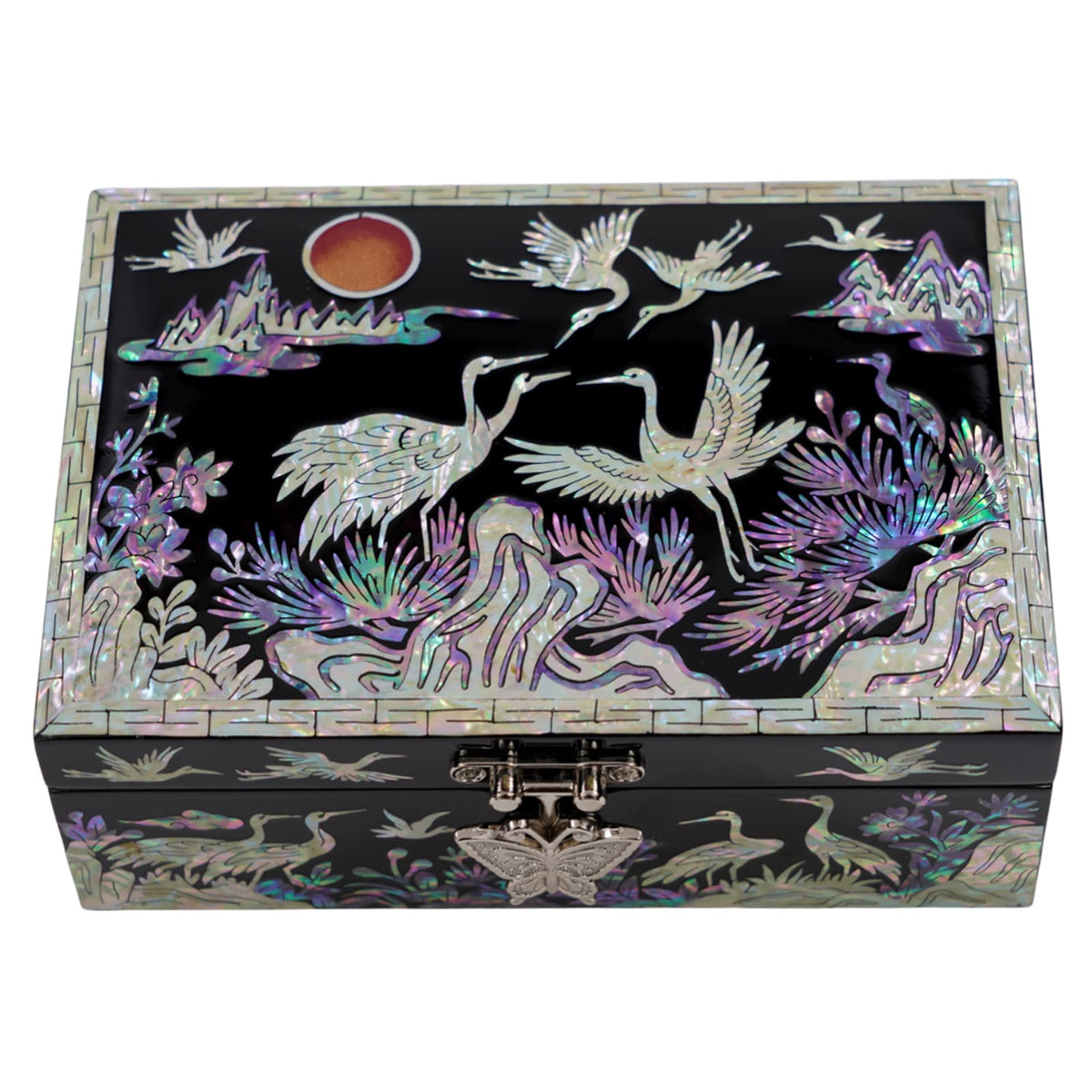 Front centered view of luxury mother of pearl jewelry box with floral inlay, butterfly clasp, and decorative border detail