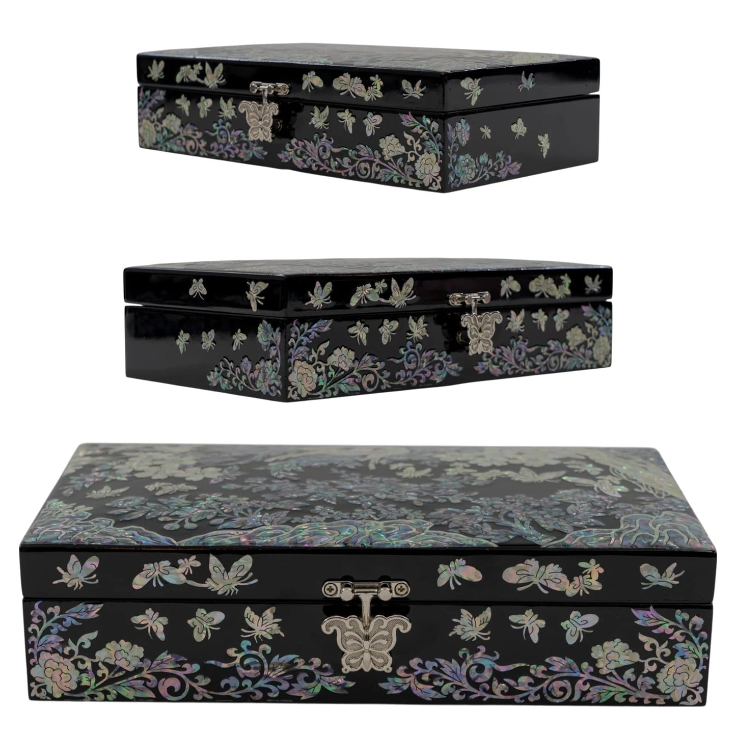 Front profile of a premium black lacquer box adorned with detailed mother-of-pearl birds perched on blossoming tree branches
