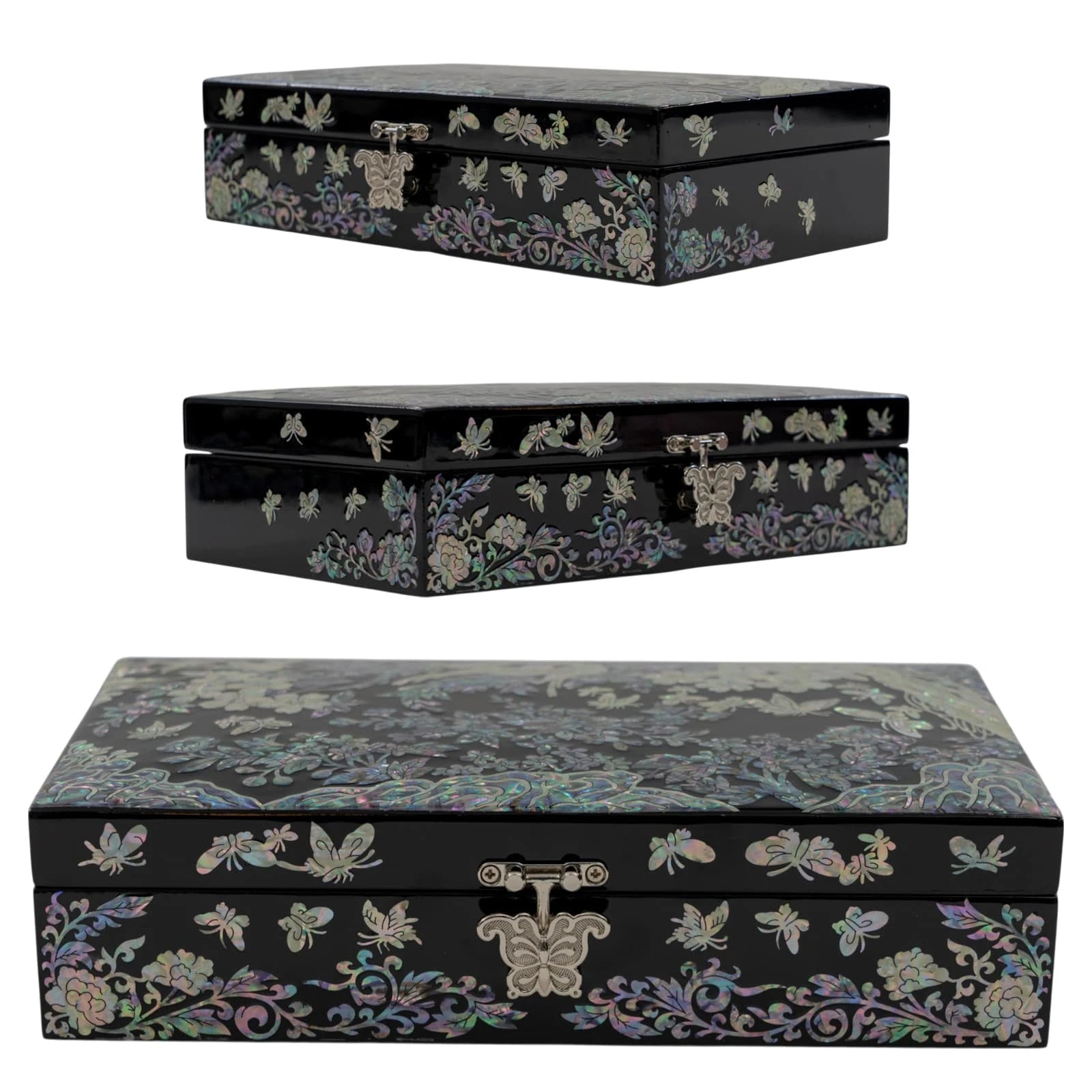 Front profile of a premium black lacquer box adorned with detailed mother-of-pearl birds perched on blossoming tree branches