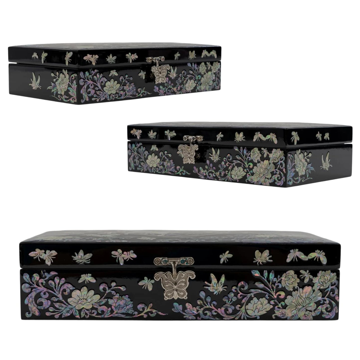 Front view of a black box showcasing a striking circular mother-of-pearl layout filled with detailed butterflies and scrolling vines