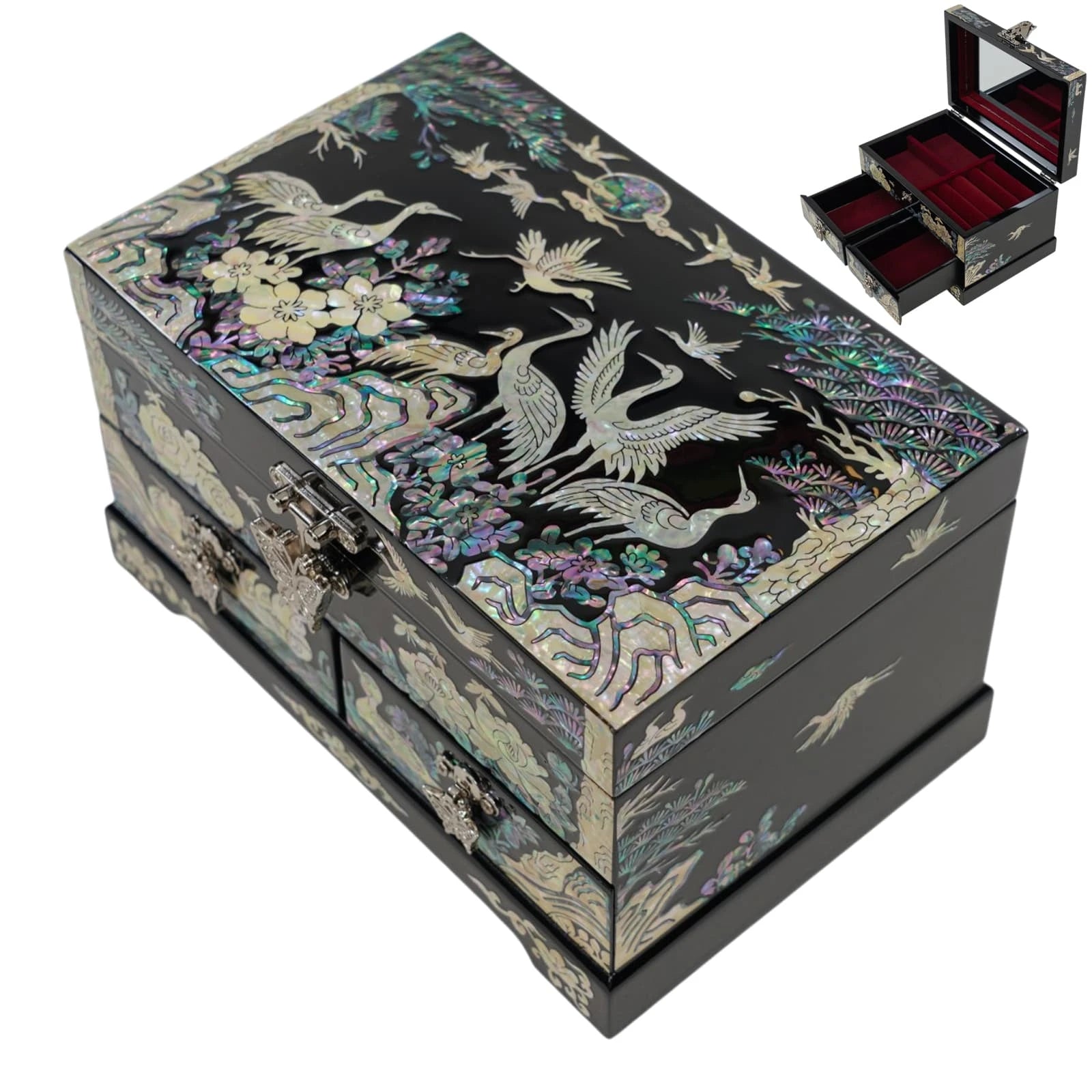 Front view of a black jewelry chest with three drawers, featuring iridescent butterfly and flower inlays and silver-tone butterfly-shaped handles