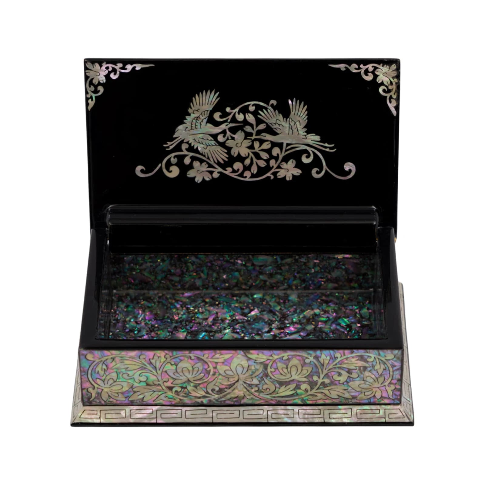 Front view of black lacquer jewelry box with mother of pearl crane motif and geometric border detailing