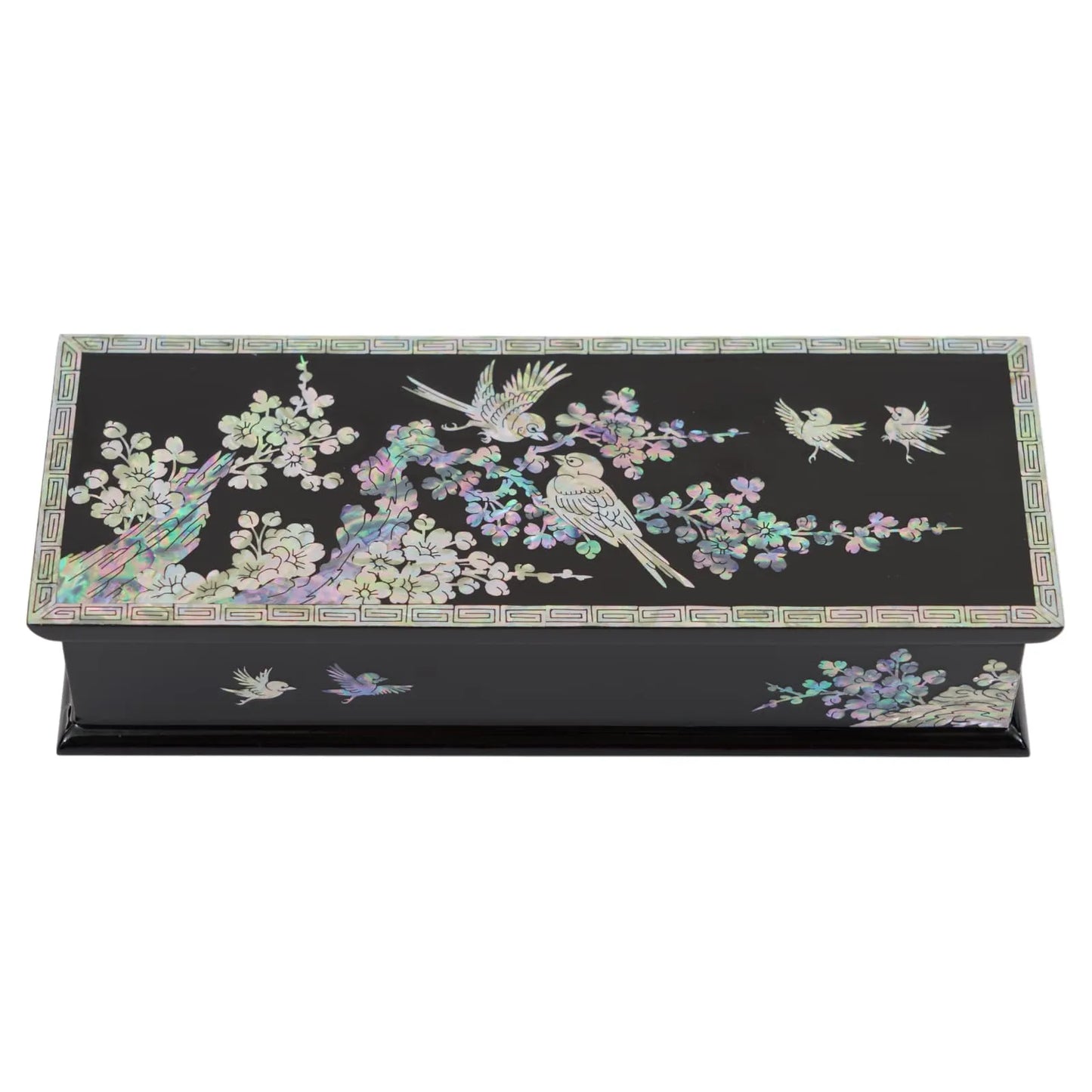 Front view of lacquer box with flying birds and floral inlay design
