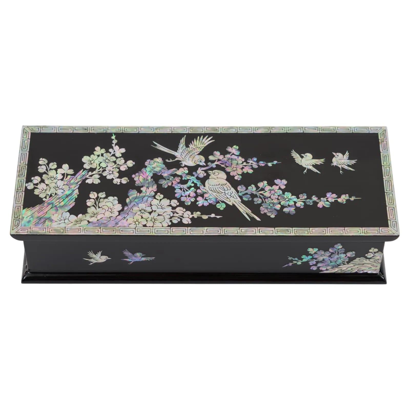 Front view of lacquer box with flying birds and floral inlay design
