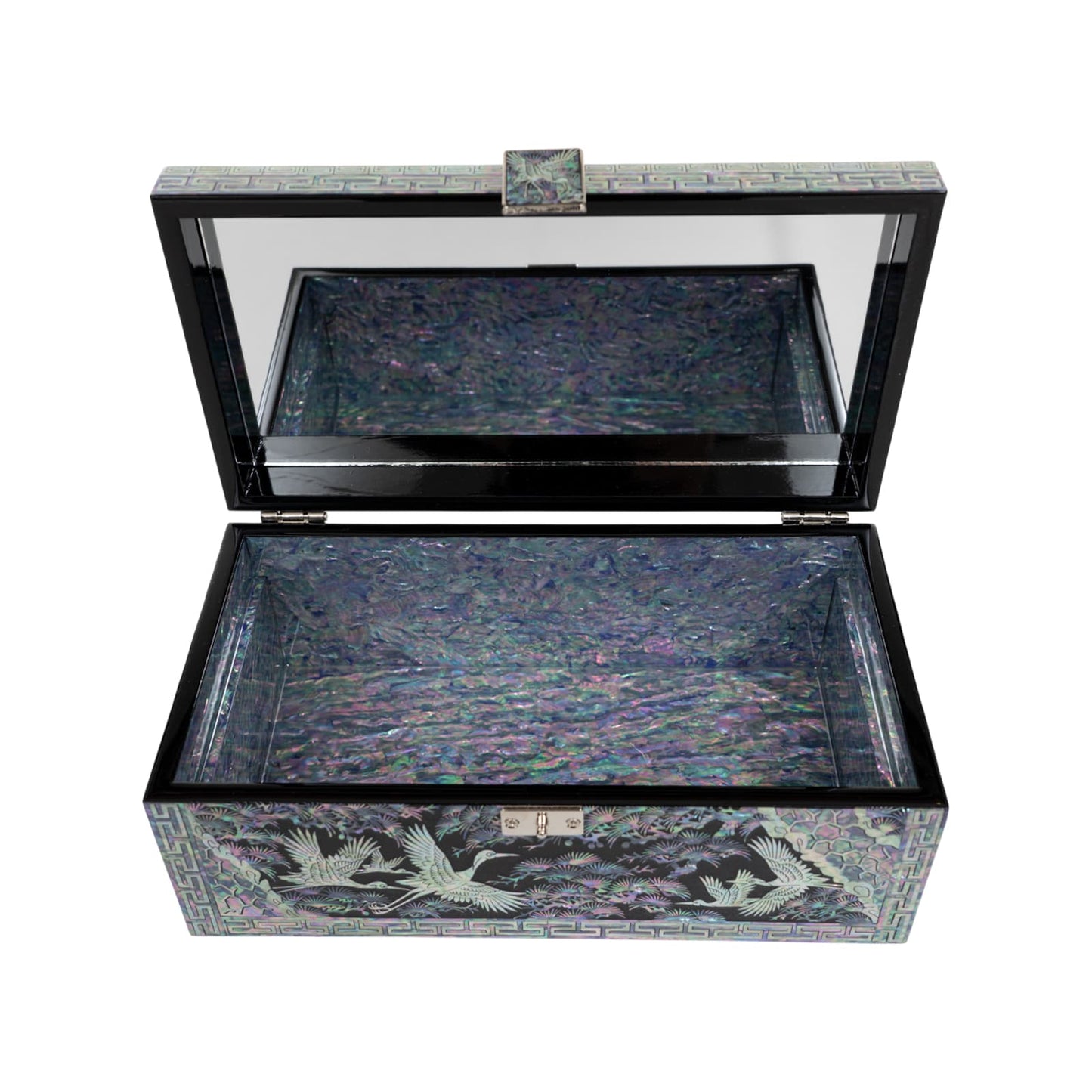 Front view of open mother-of-pearl jewelry box with iridescent interior shell lining