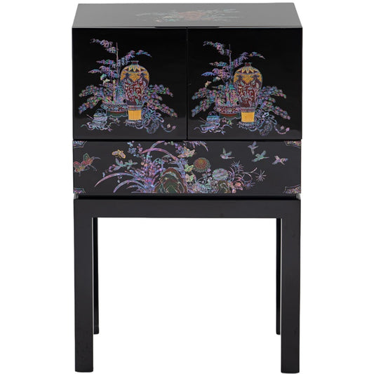 Elegant Black Lacquered Najeonchilgi Cabinet with Mother-of-Pearl Inlay – Two-Door & Drawer Accent Storage