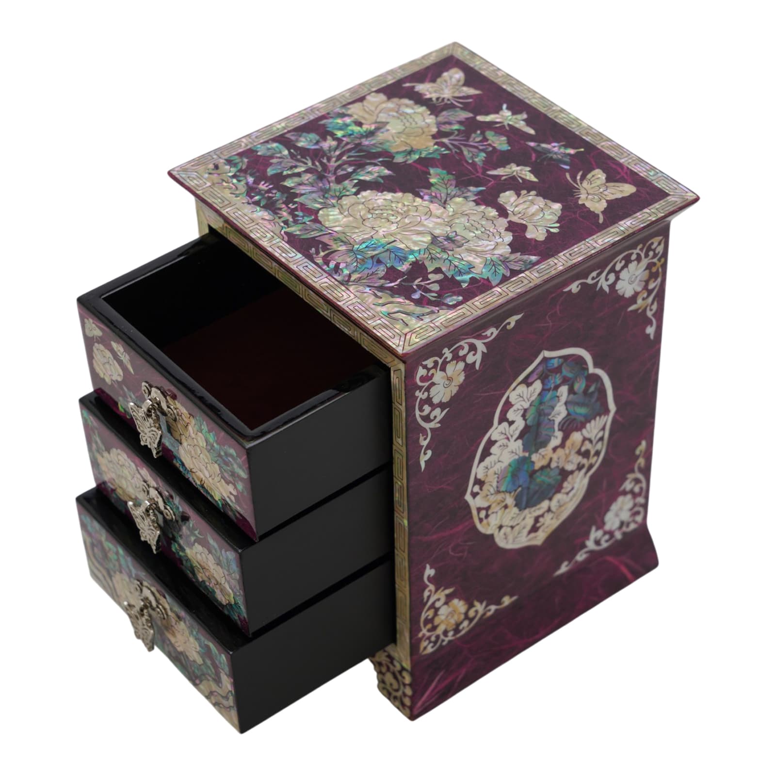 Full front view of open red and blue mother of pearl boxes, traditional Korean lacquerware with shell inlay, premium vanity organizer