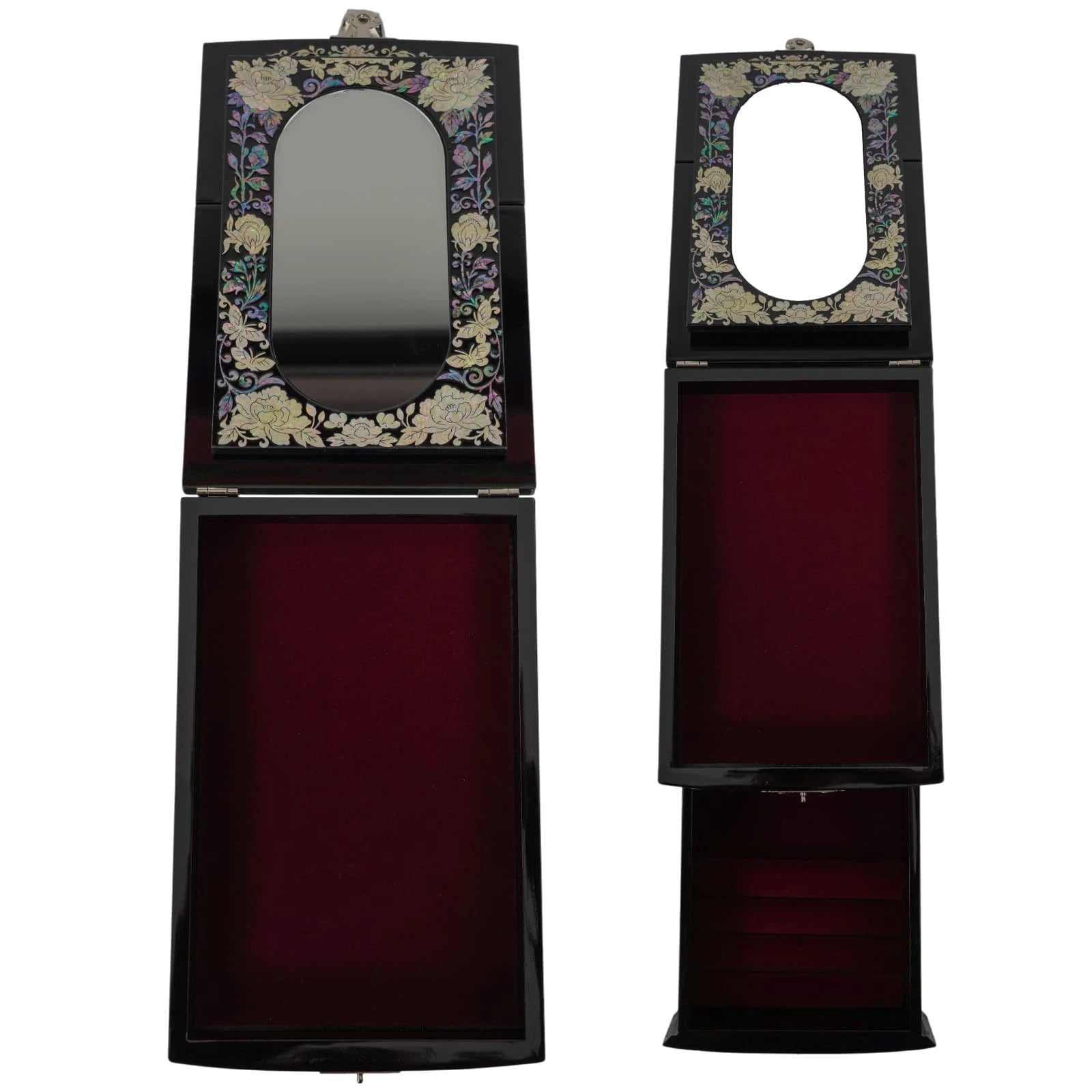 Fully opened black lacquer jewelry box with mirror and deep storage compartment, velvet-lined interior for jewelry organization
