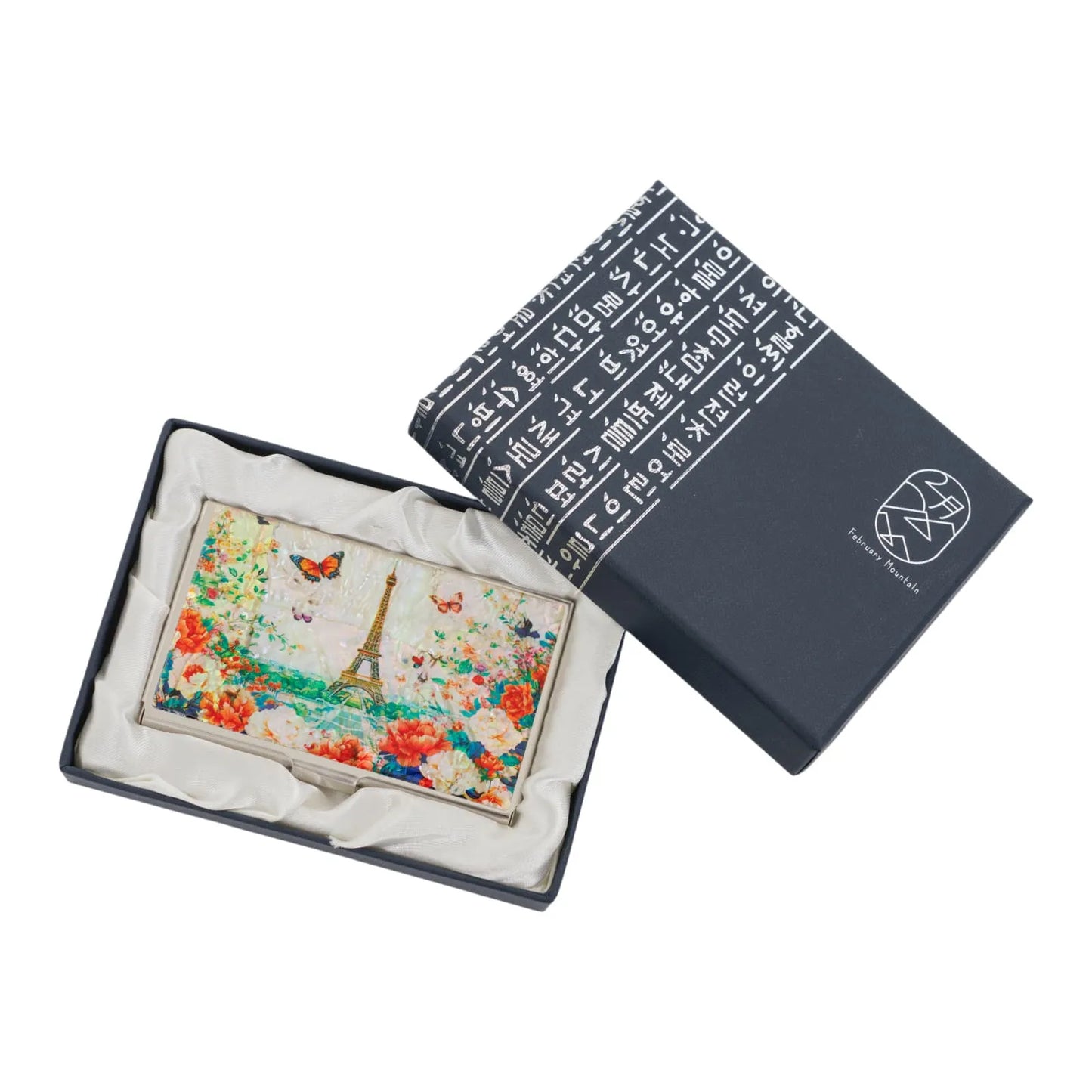 Gift box with Korean lettering containing Eiffel Tower and flower mother-of-pearl case