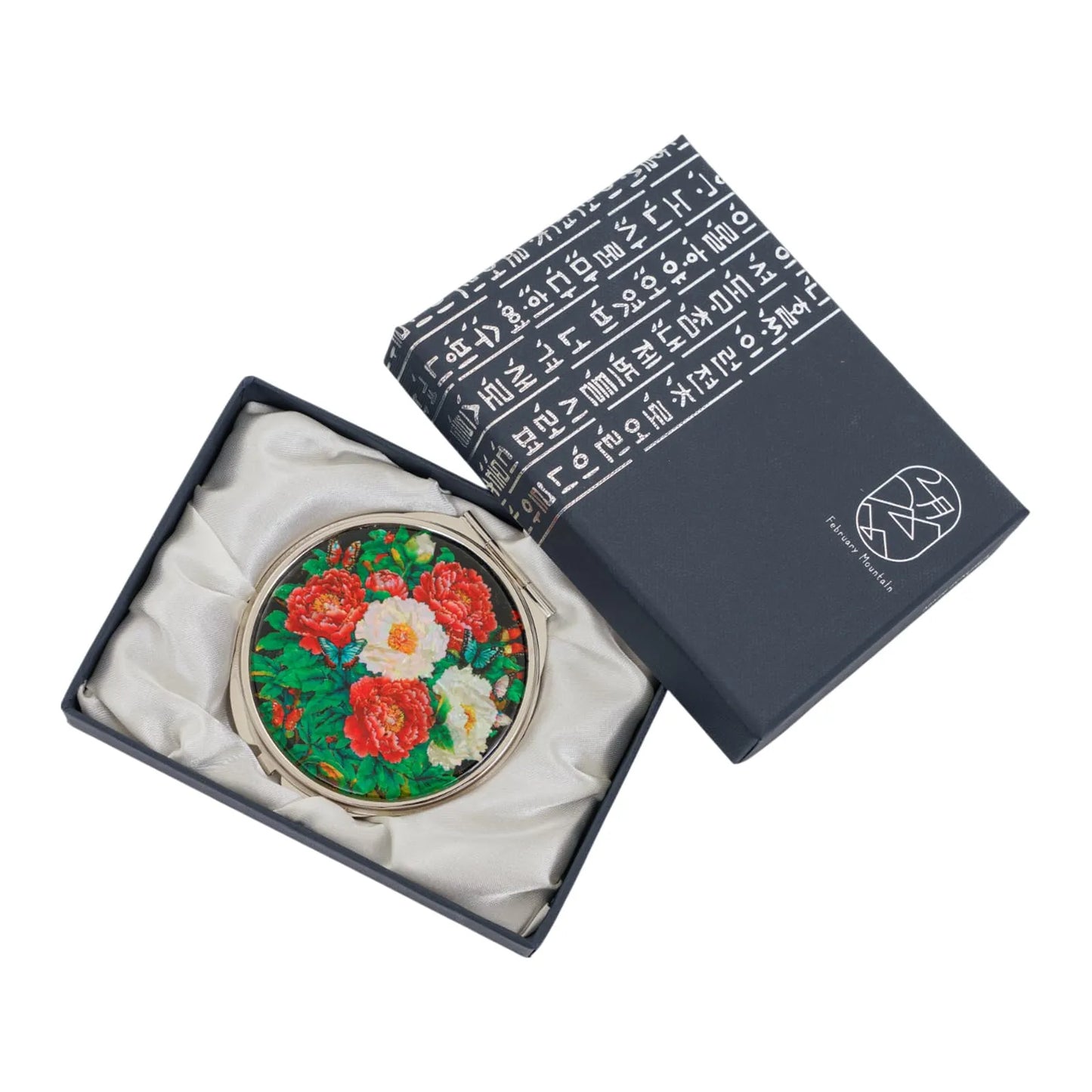 Compact mirror with mother-of-pearl peony design in gift box