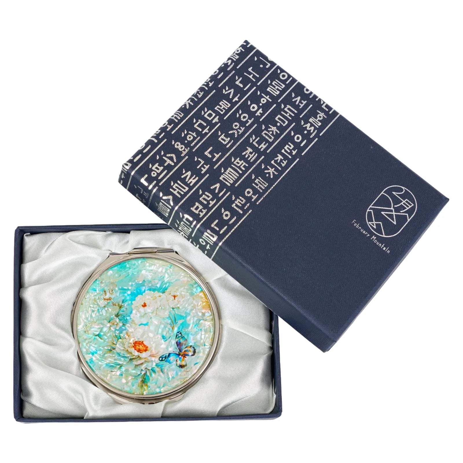 Korean mother-of-pearl compact mirror in gift box with white peonies and butterfly design