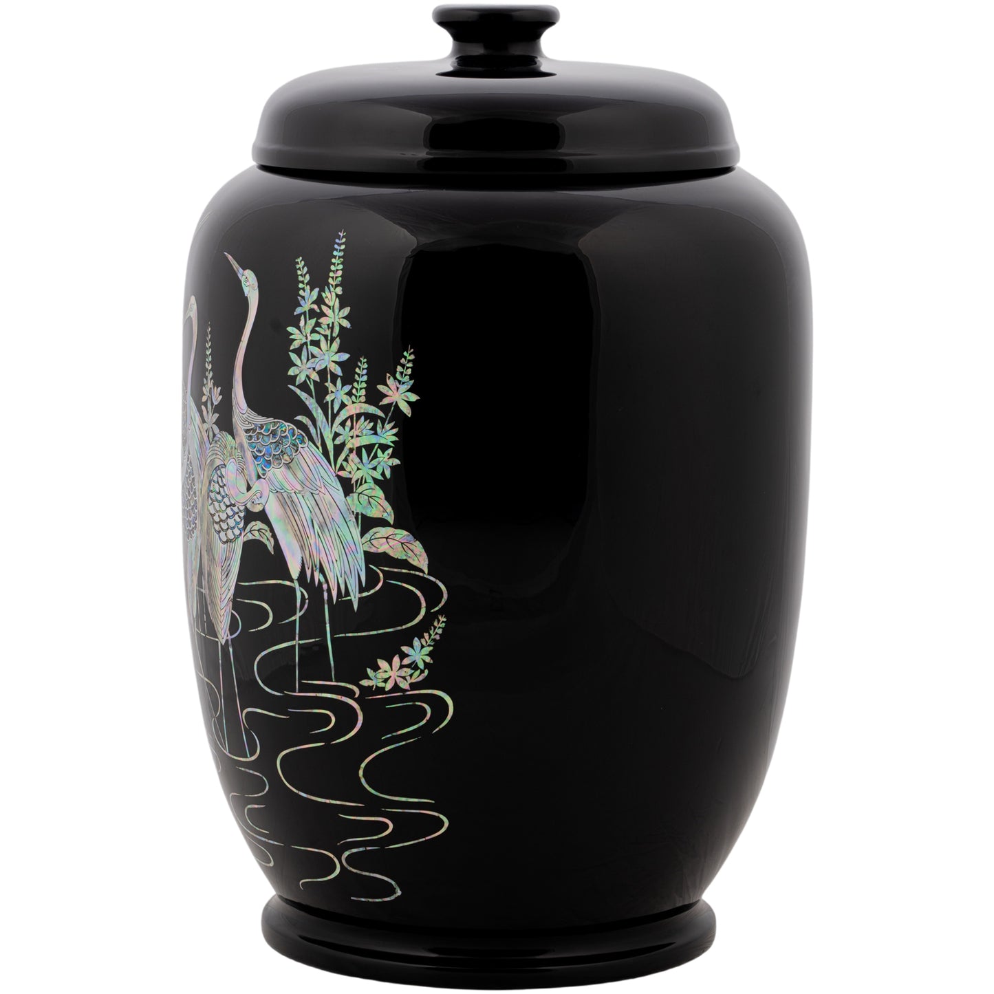 Elegant Black Container with Mother-of-Pearl Cranes and Pine Design