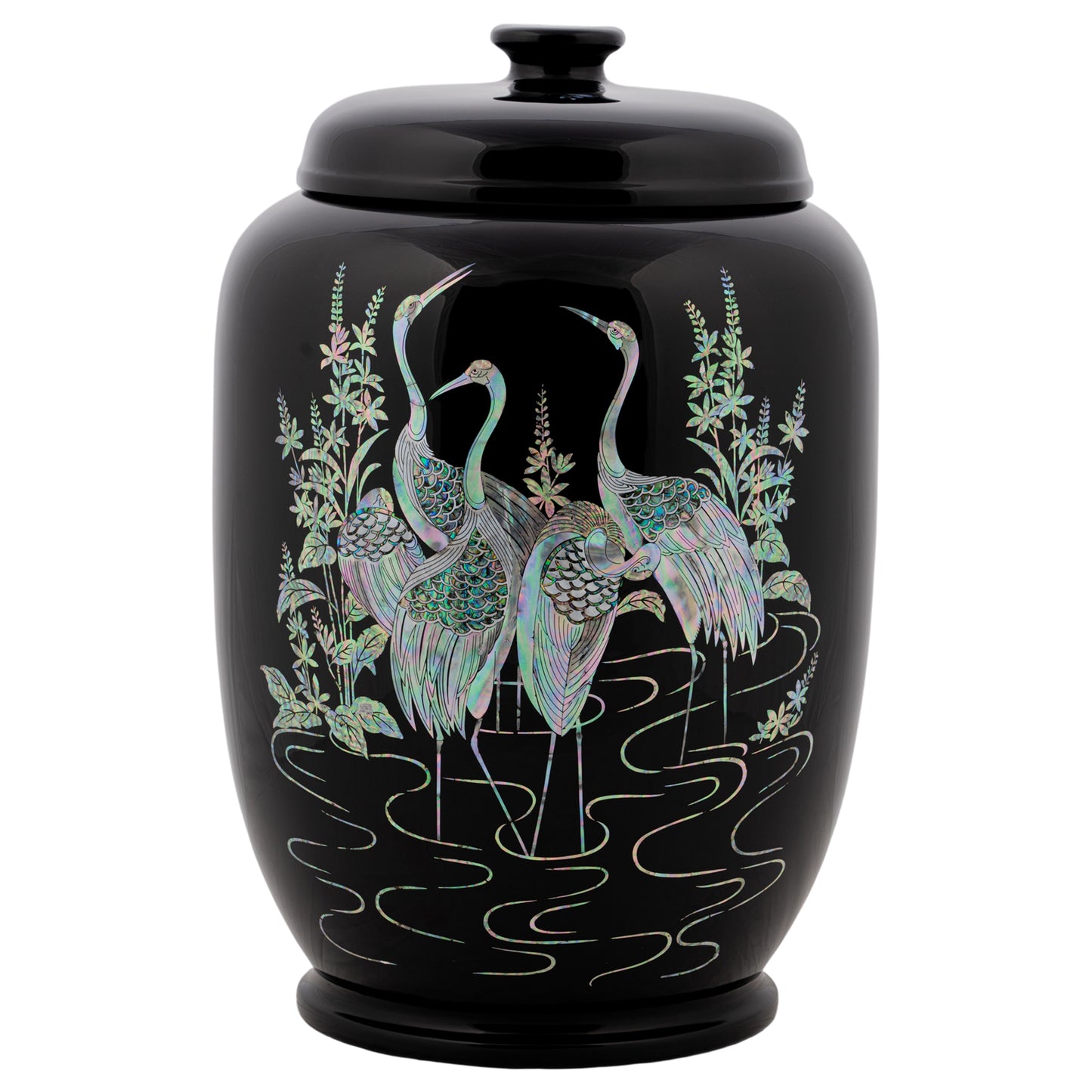 Elegant Black Container with Mother-of-Pearl Cranes and Pine Design
