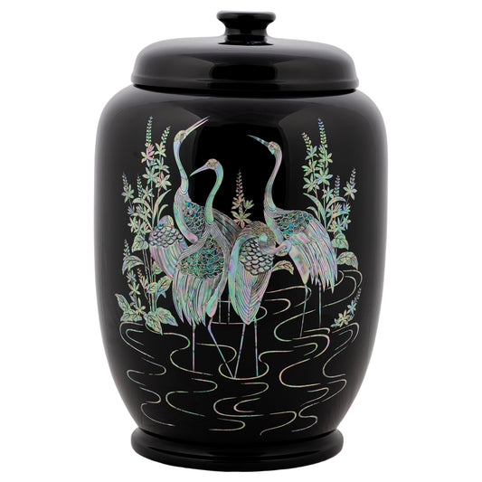 Elegant Black Container with Mother-of-Pearl Cranes and Pine Design