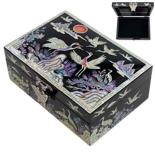 Glossy box with cranes and red sun scene in mother-of-pearl and silver accents