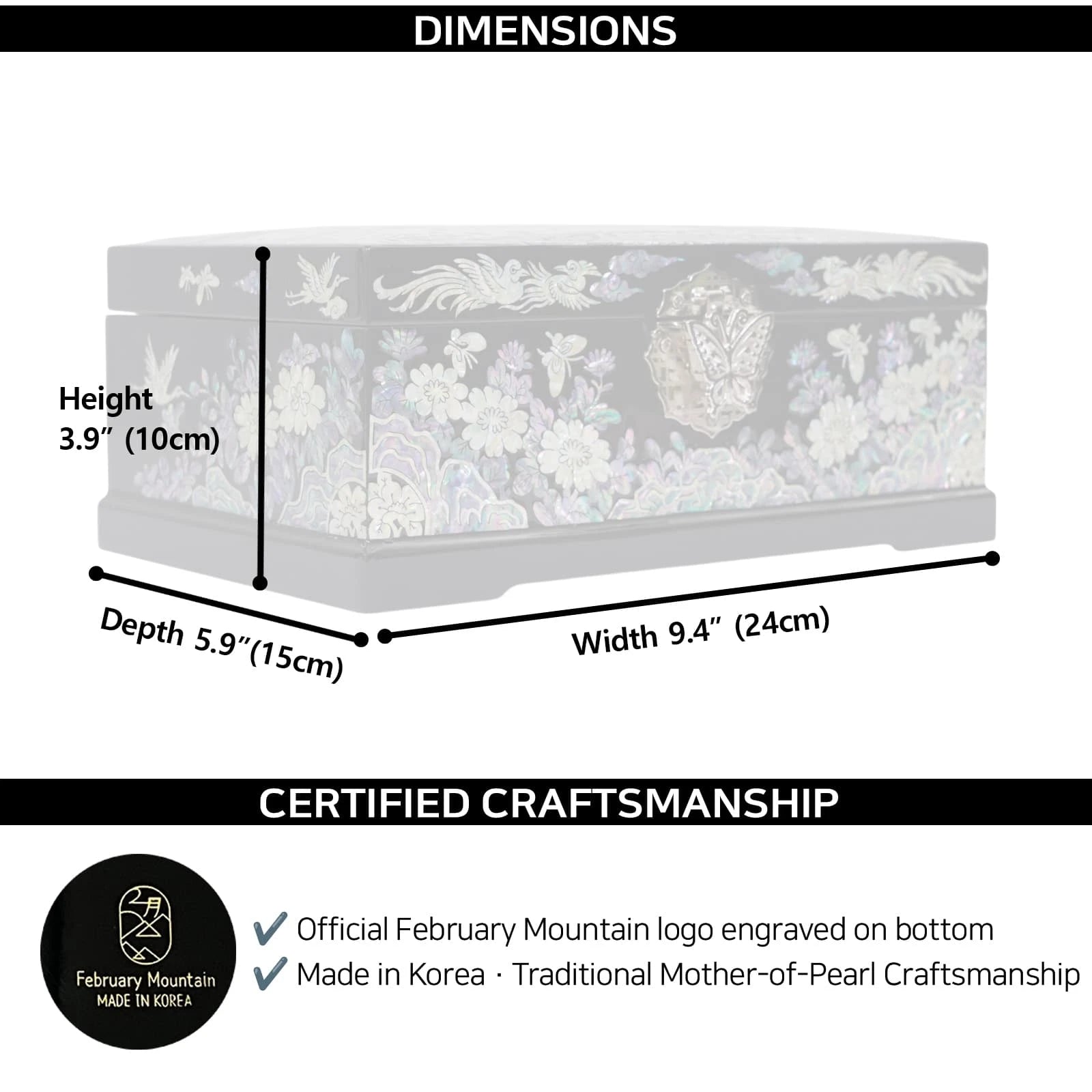 Graphic showing dimensions of black mother of pearl jewelry box, height 3.9 inches, depth 5.9 inches, width 9.4 inches