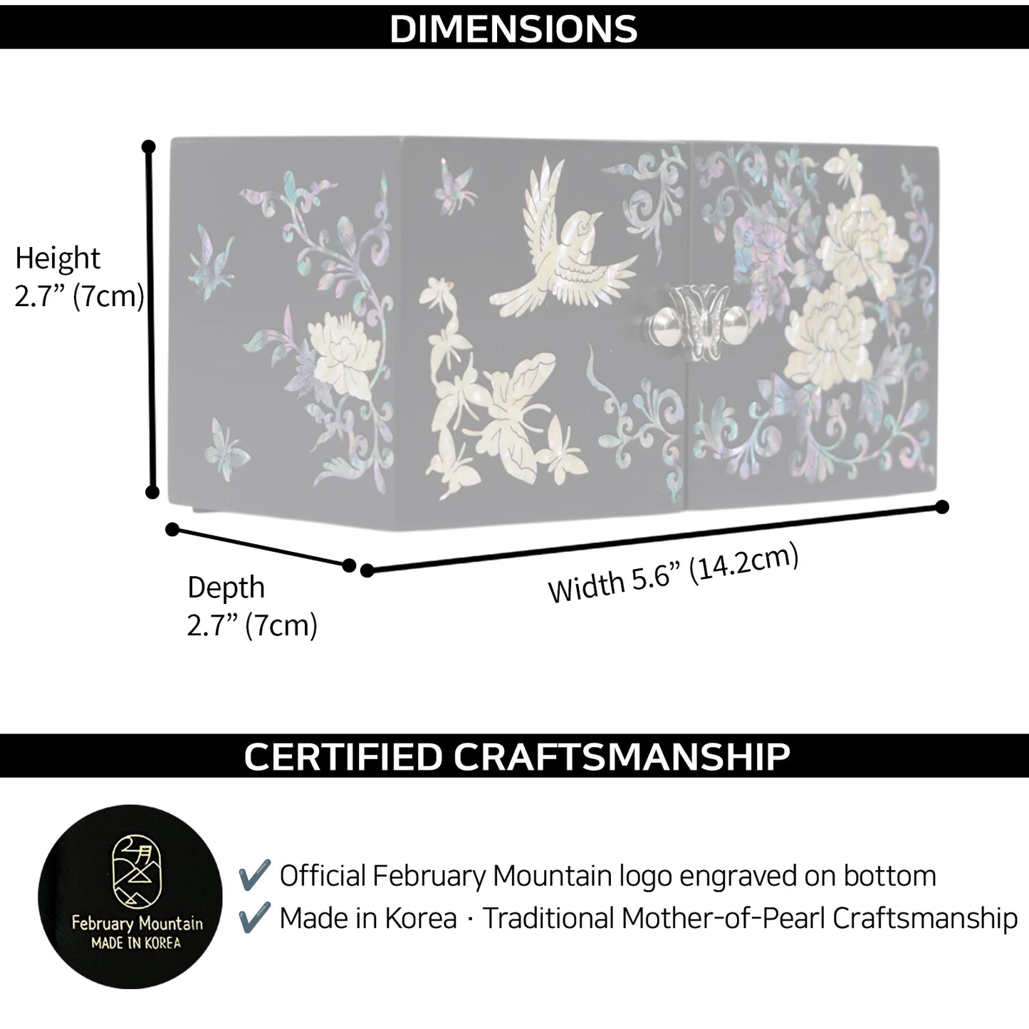Graphic showing dimensions of butterfly lacquer jewelry box, height 2.7 inches, depth 2.7 inches, width 5.6 inches