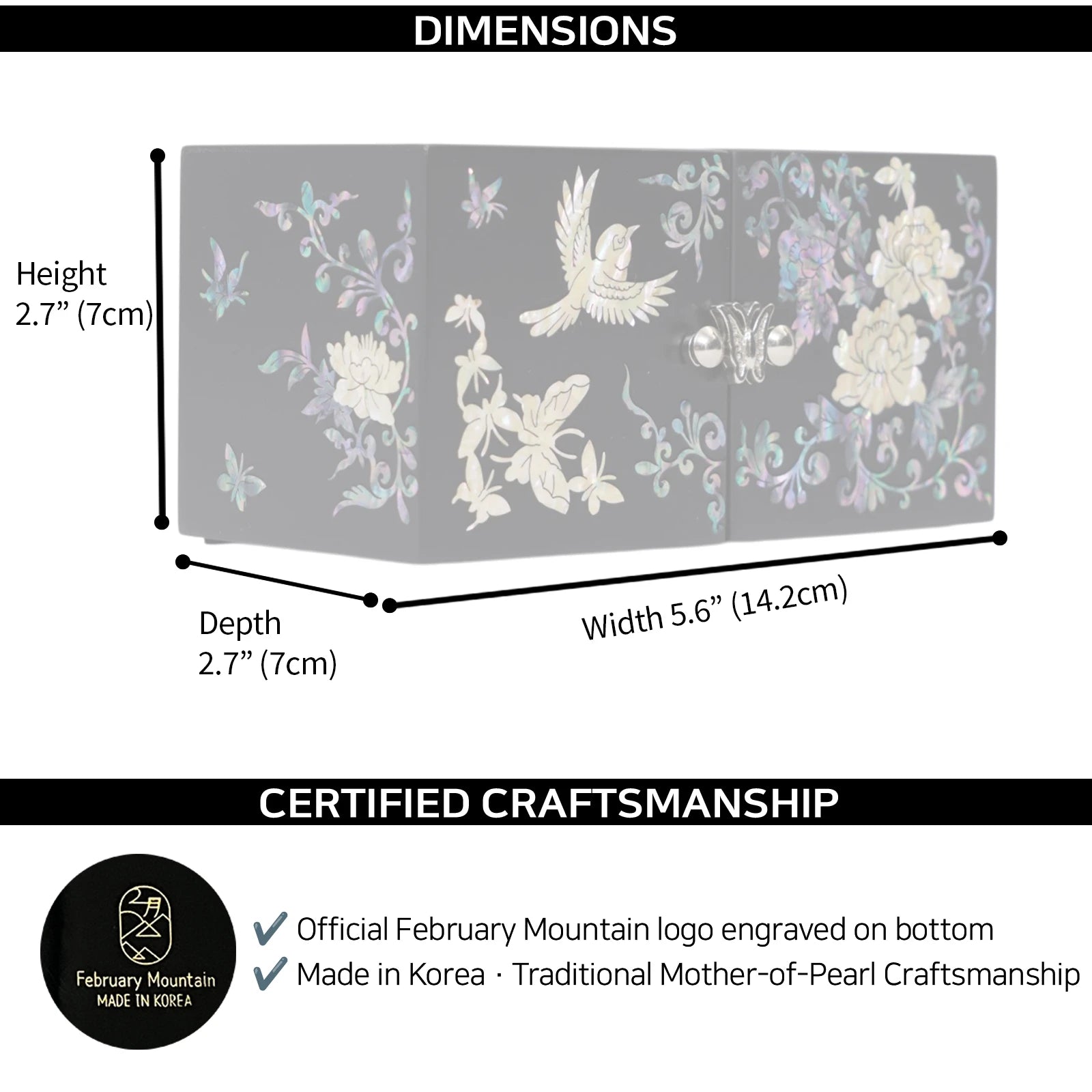 Graphic showing dimensions of butterfly lacquer jewelry box, height 2.7 inches, depth 2.7 inches, width 5.6 inches
